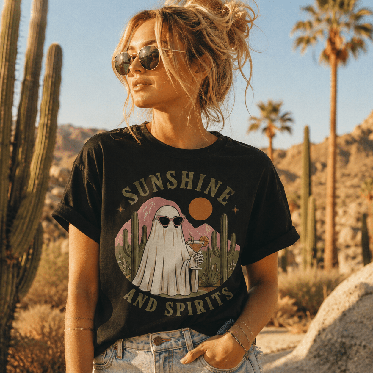 Sunshine and Spirits T-Shirt — Cute Desert Ghost Graphic Tee - Boo Crew Boutique