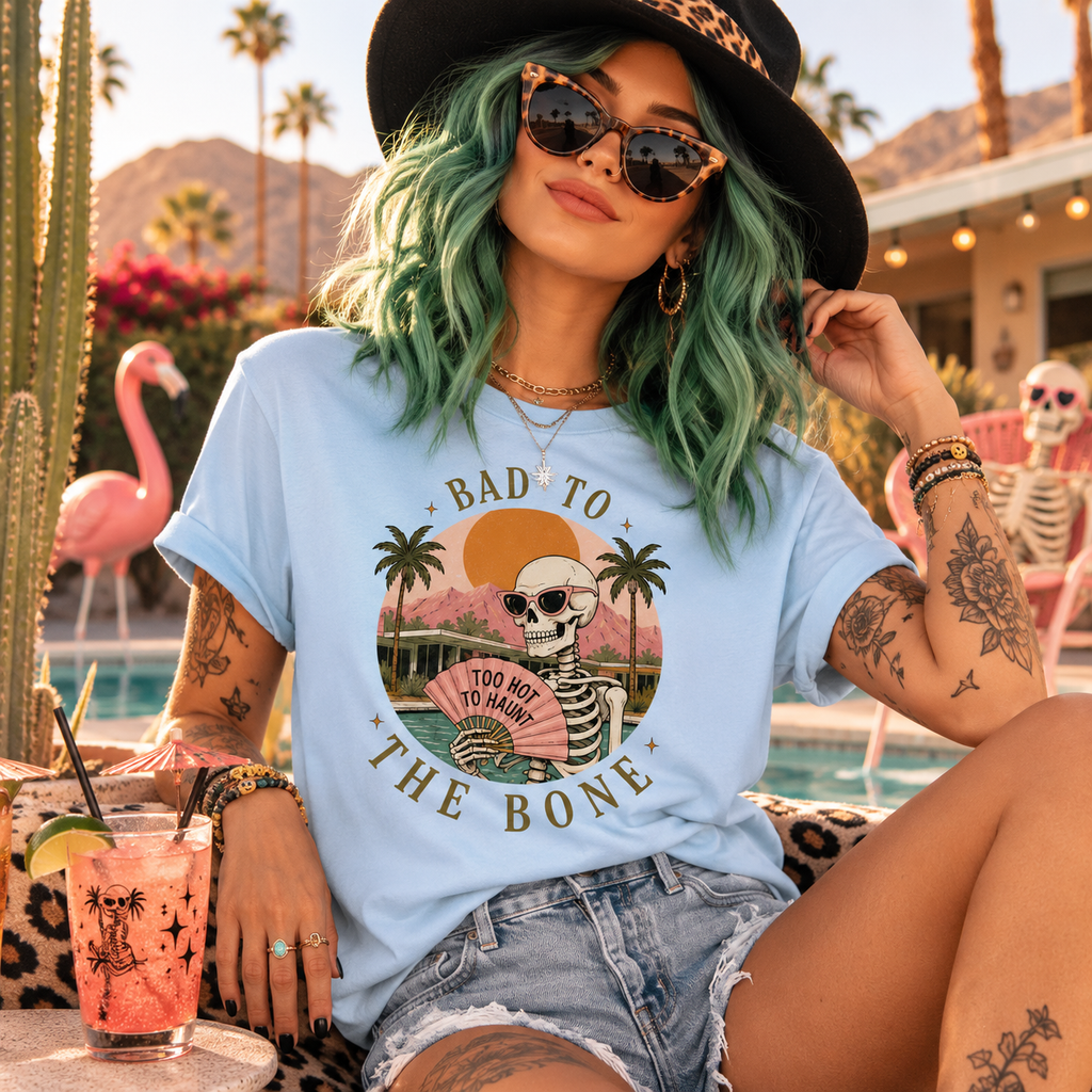 Skull Sunset T-Shirt — "Bad to the Bone" Retro Palm Beach Tee - Boo Crew Boutique
