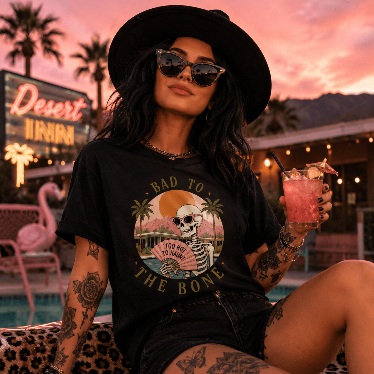Skull Sunset T-Shirt — "Bad to the Bone" Retro Palm Beach Tee - Boo Crew Boutique