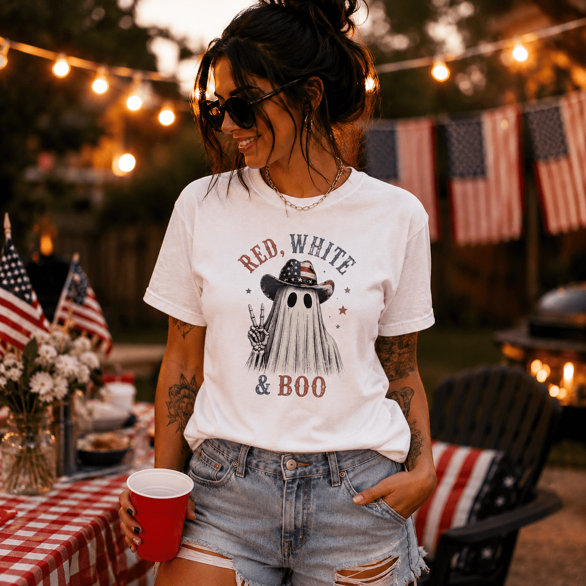 Red, White & Boo Ghost T‑Shirt — Patriotic Halloween Tee - Boo Crew Boutique
