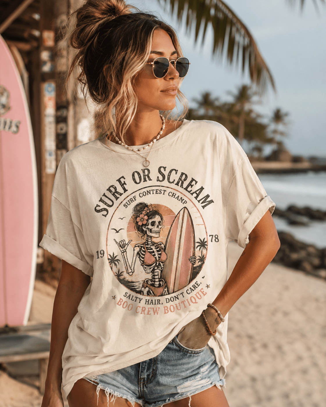 Surf or Scream T-Shirt — Vintage Skeleton Surfing Graphic Tee - Boo Crew Boutique