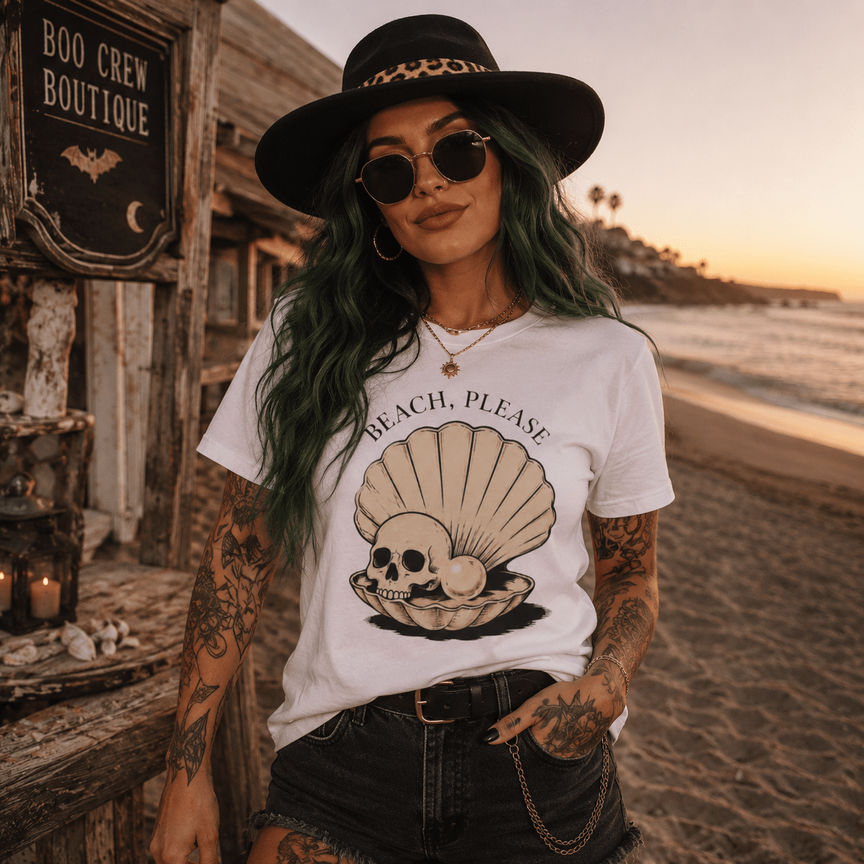 Beach, Please Shell & Skull Tee - Boo Crew Boutique