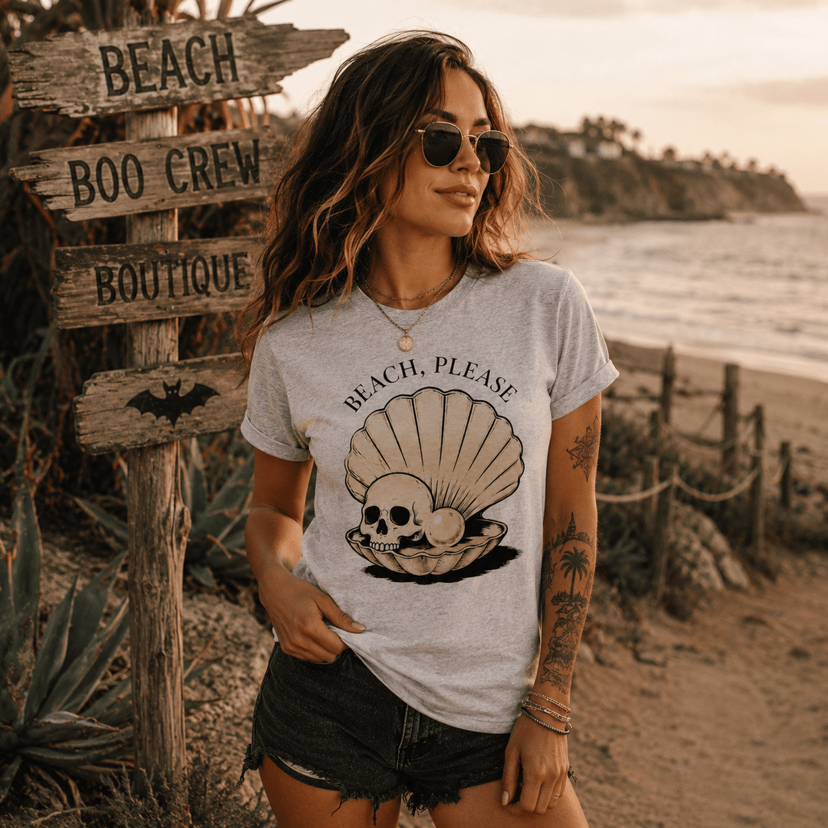 Beach, Please Shell & Skull Tee - Boo Crew Boutique