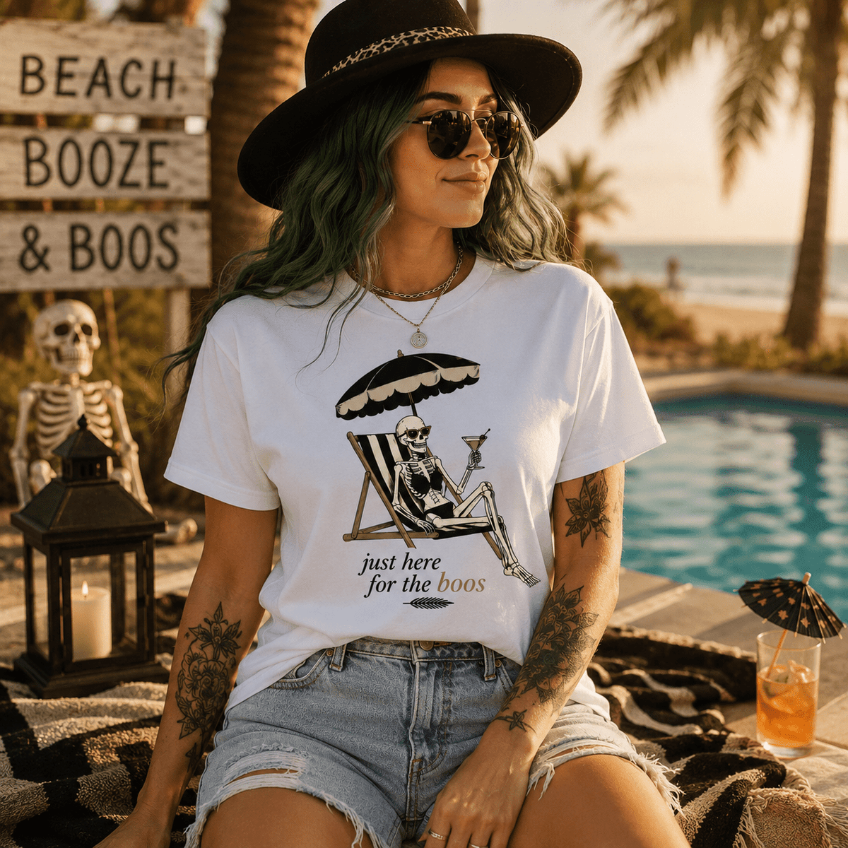 Just Here for the Boos Skeleton Beach Tee - Boo Crew Boutique