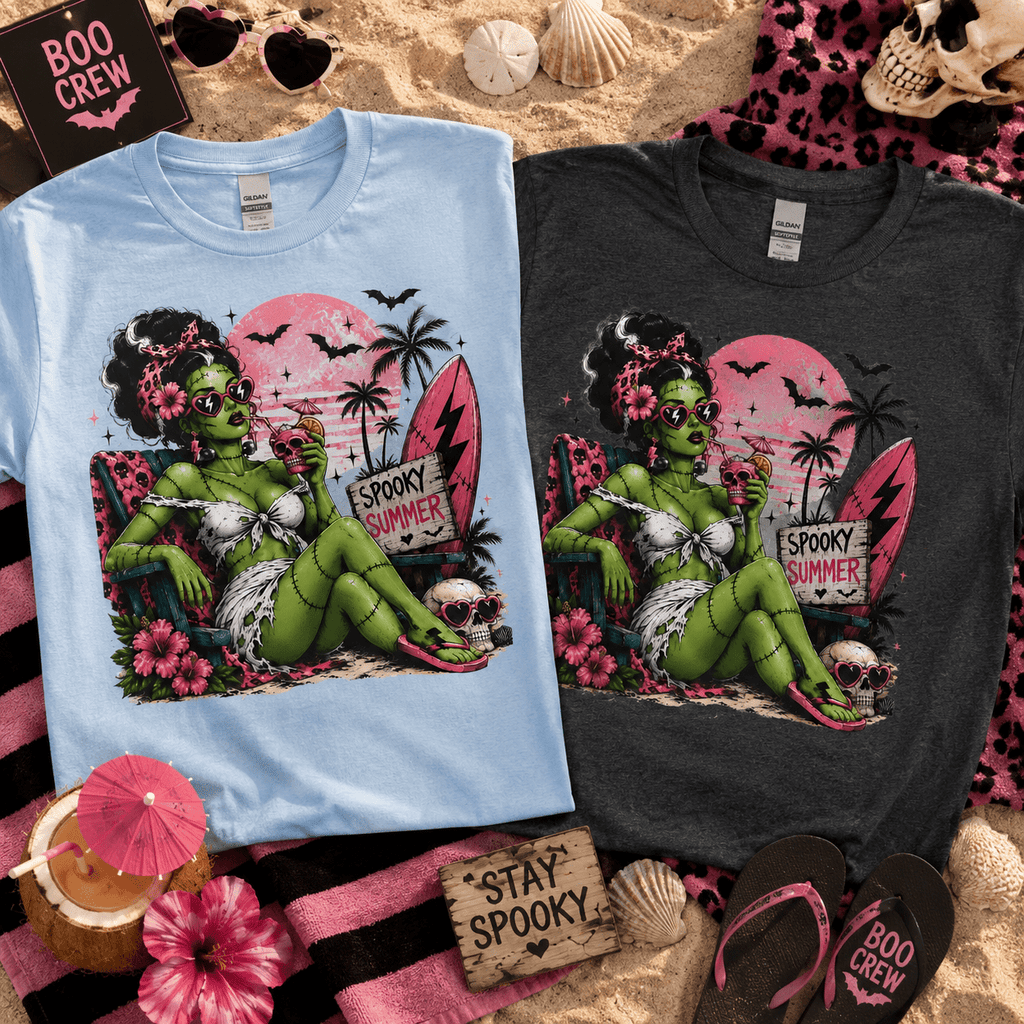 Spooky Summer Pin-Up T-Shirt — Retro Green Frankenstein Girl Beach Tee - Boo Crew Boutique
