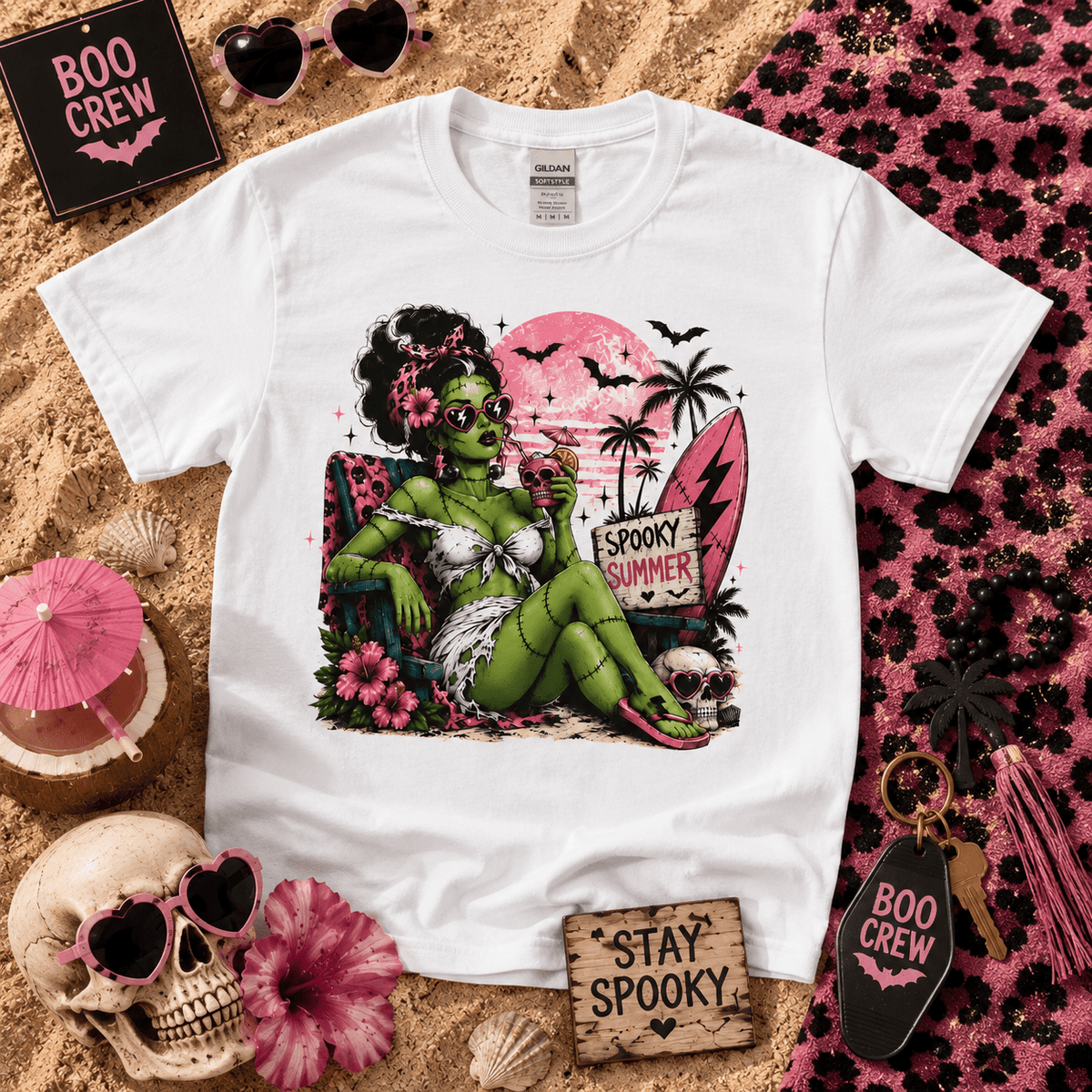 Spooky Summer Pin-Up T-Shirt — Retro Green Frankenstein Girl Beach Tee - Boo Crew Boutique