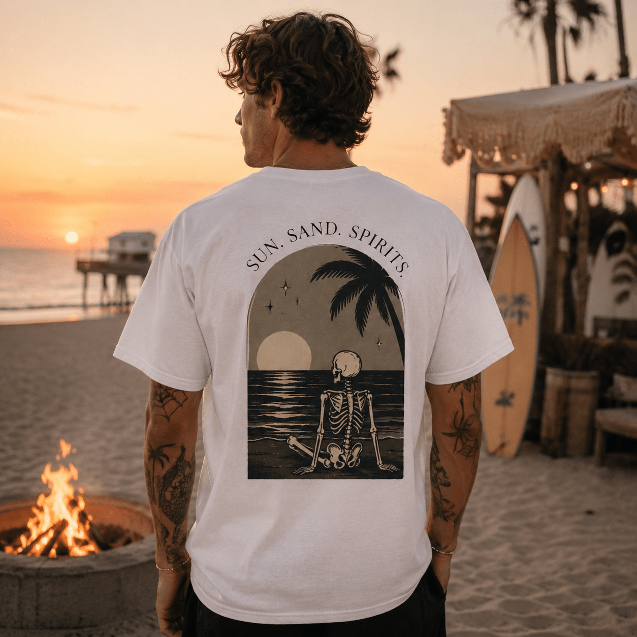 Sun, Sand & Spirits T-Shirt — Skeleton Beach Back Graphic Tee - Boo Crew Boutique