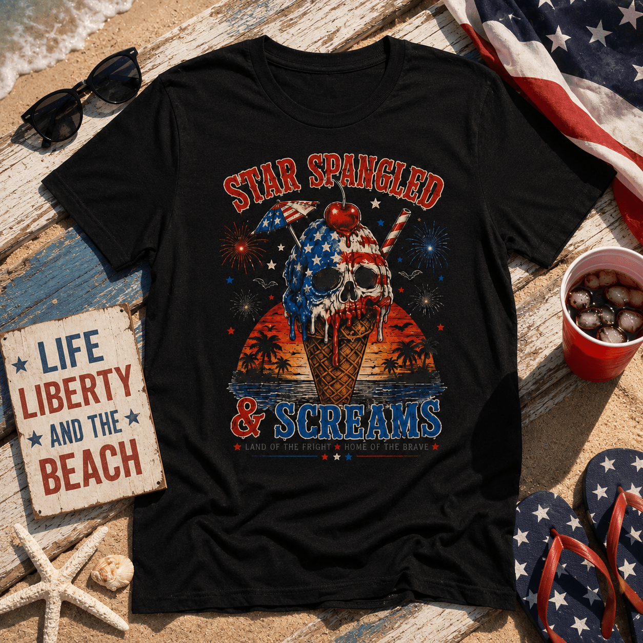 Patriotic Skull Ice Cream T-Shirt – "Star Spangled & Screams" 4th of July Graphic Tee - Boo Crew Boutique