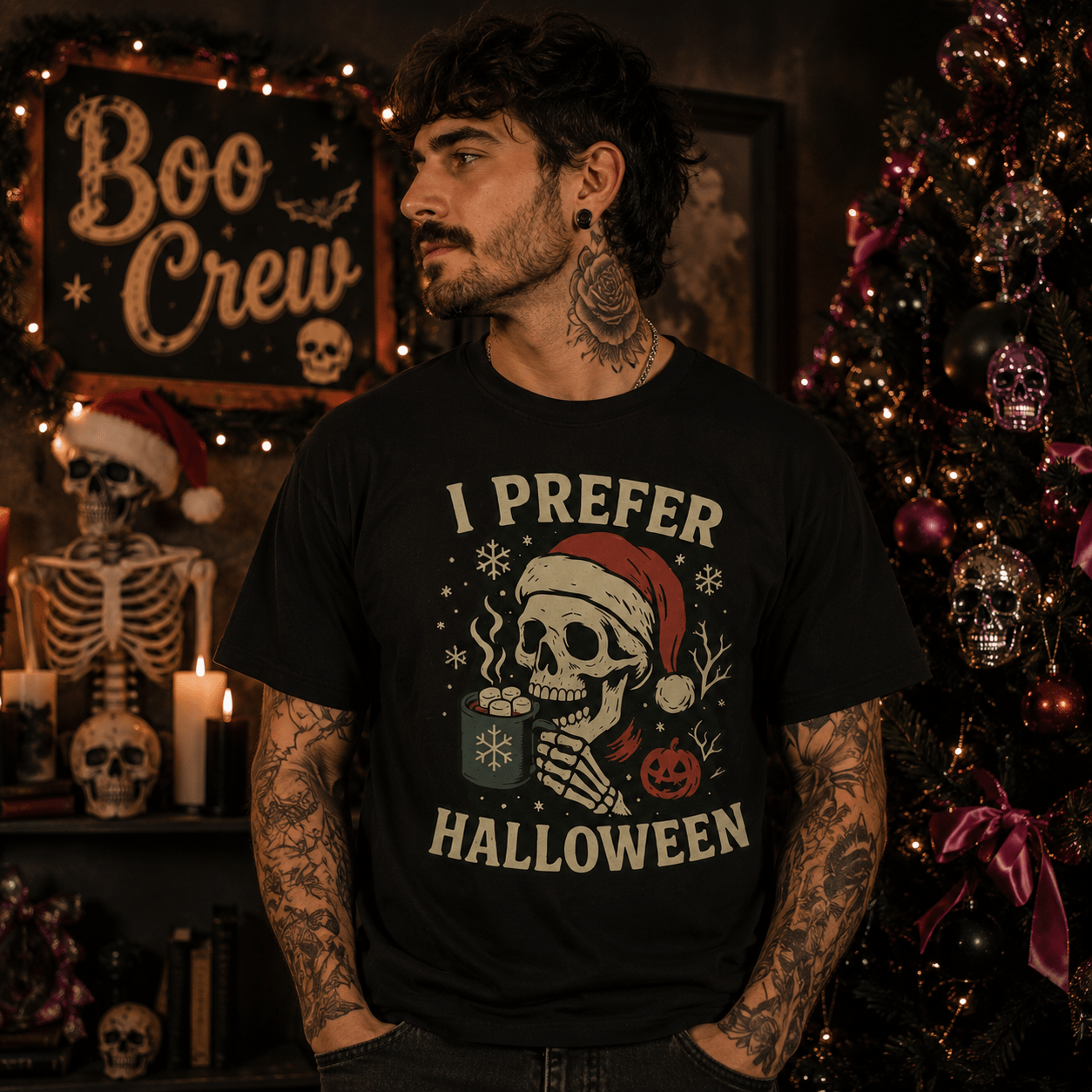 I Prefer Halloween Skull Santa Tee | Retro Halloween Skeleton Graphic, Christmas Skull Shirt - Boo Crew Boutique