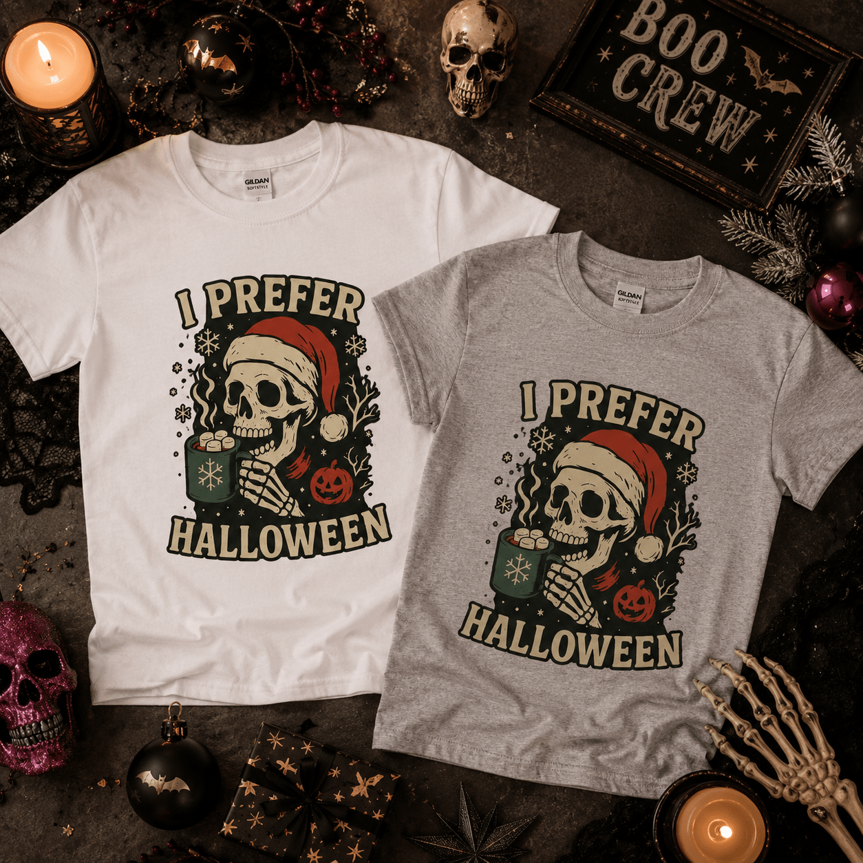 I Prefer Halloween Skull Santa Tee | Retro Halloween Skeleton Graphic, Christmas Skull Shirt - Boo Crew Boutique