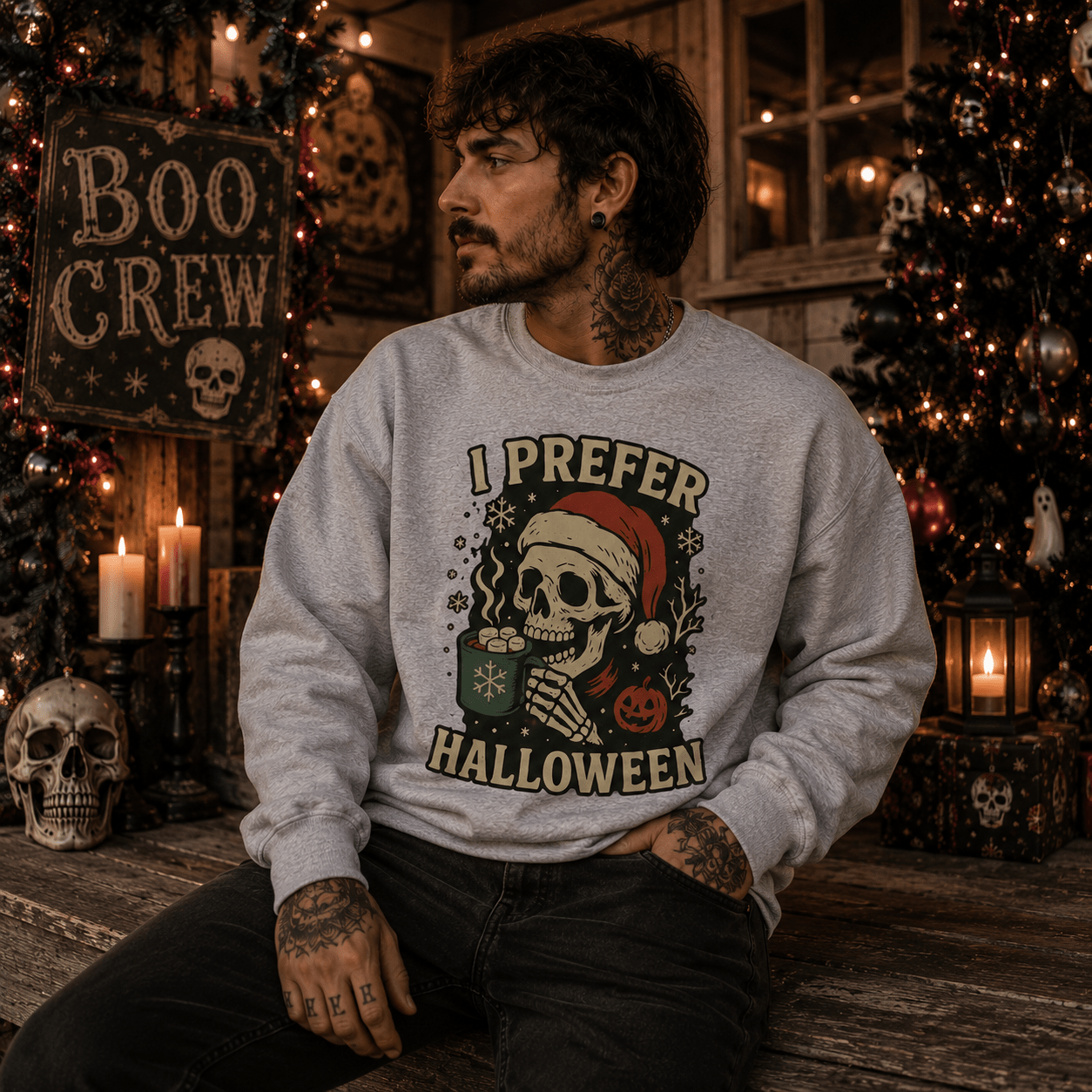I Prefer Halloween Skull Santa Sweatshirt - Boo Crew Boutique