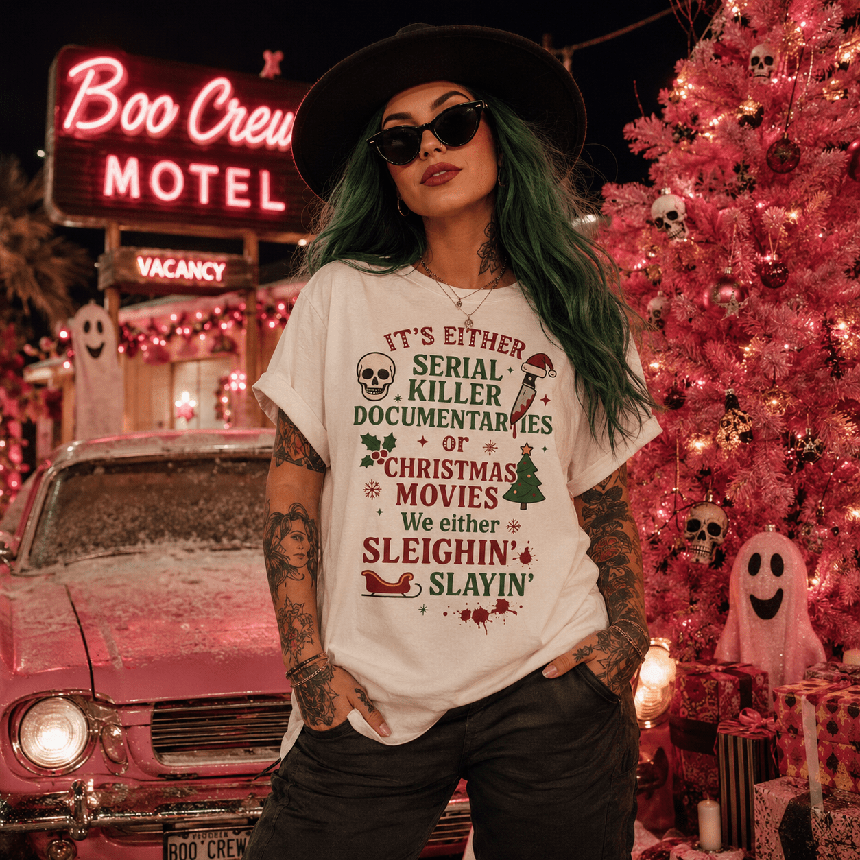 Funny Christmas T-Shirt — "Sleighin' Slayin'" Serial Killer vs Christmas Movies Tee - Boo Crew Boutique