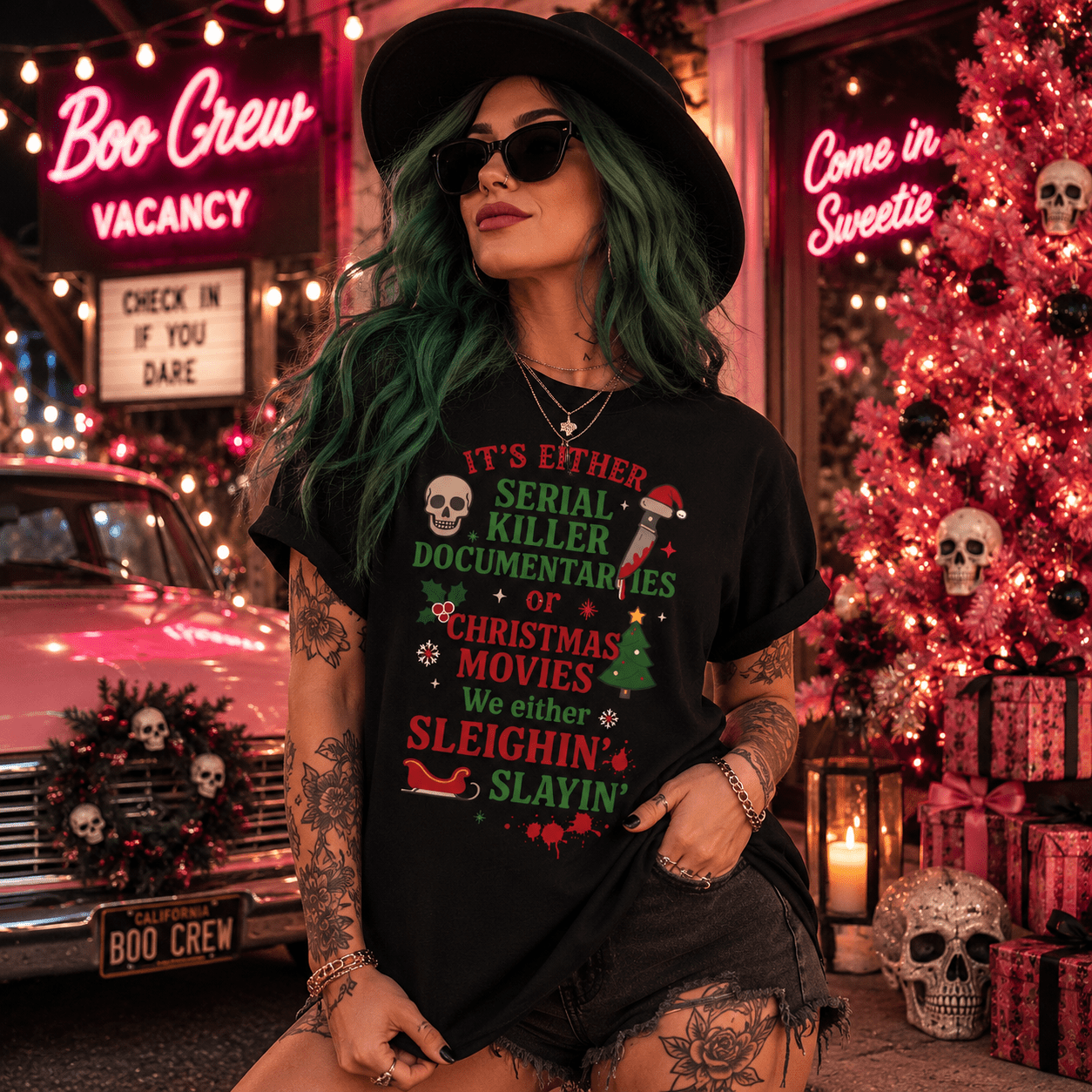 Funny Christmas T-Shirt — "Sleighin' Slayin'" Serial Killer vs Christmas Movies Tee - Boo Crew Boutique
