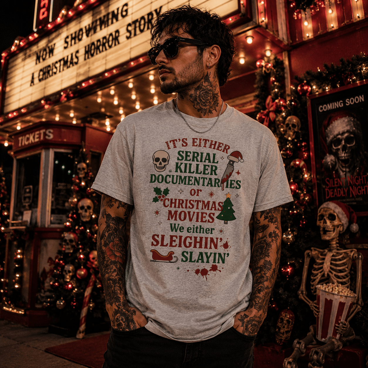 Funny Christmas T-Shirt — "Sleighin' Slayin'" Serial Killer vs Christmas Movies Tee - Boo Crew Boutique