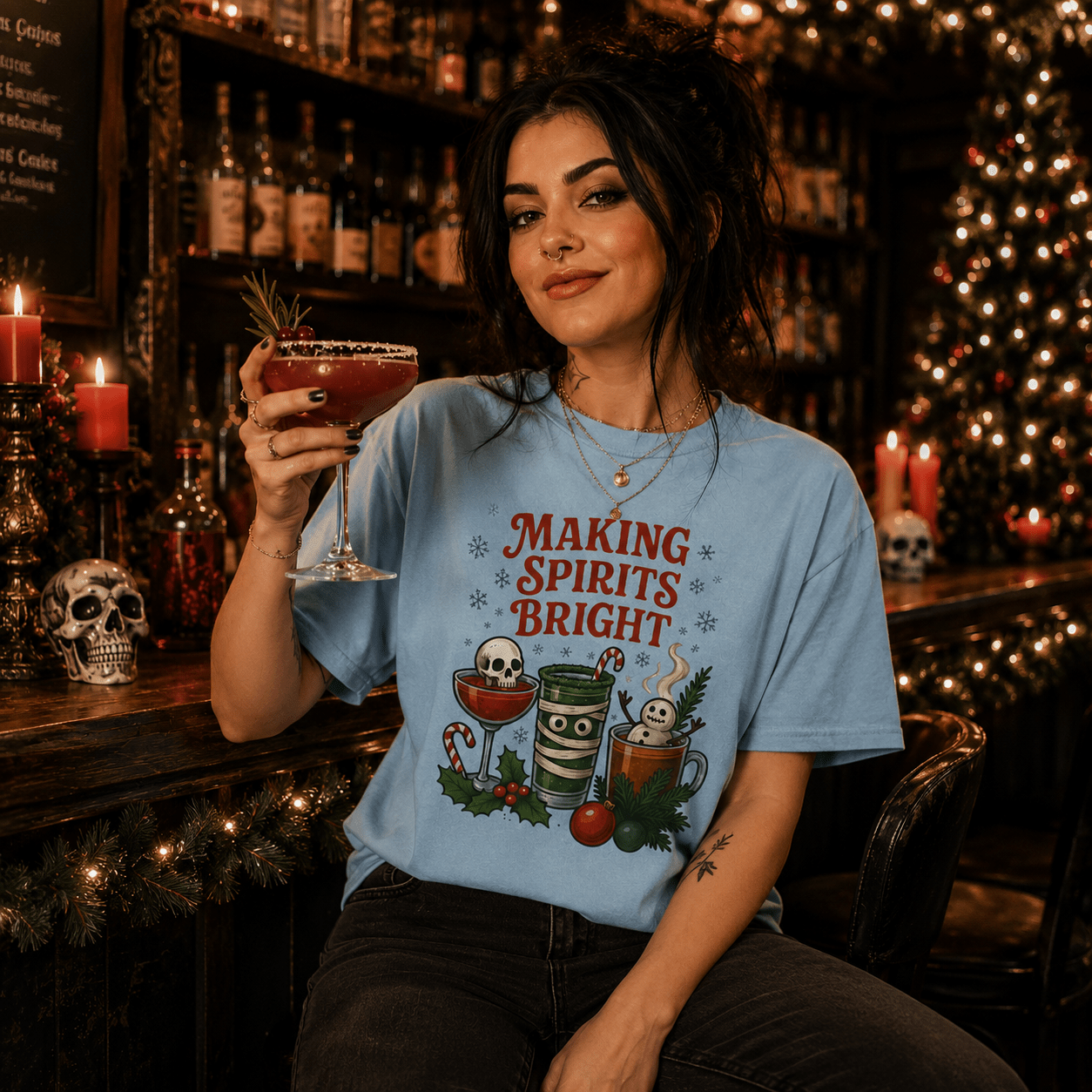Making Spirits Bright T-Shirt — Festive Holiday Cocktail Graphic Tee - Boo Crew Boutique