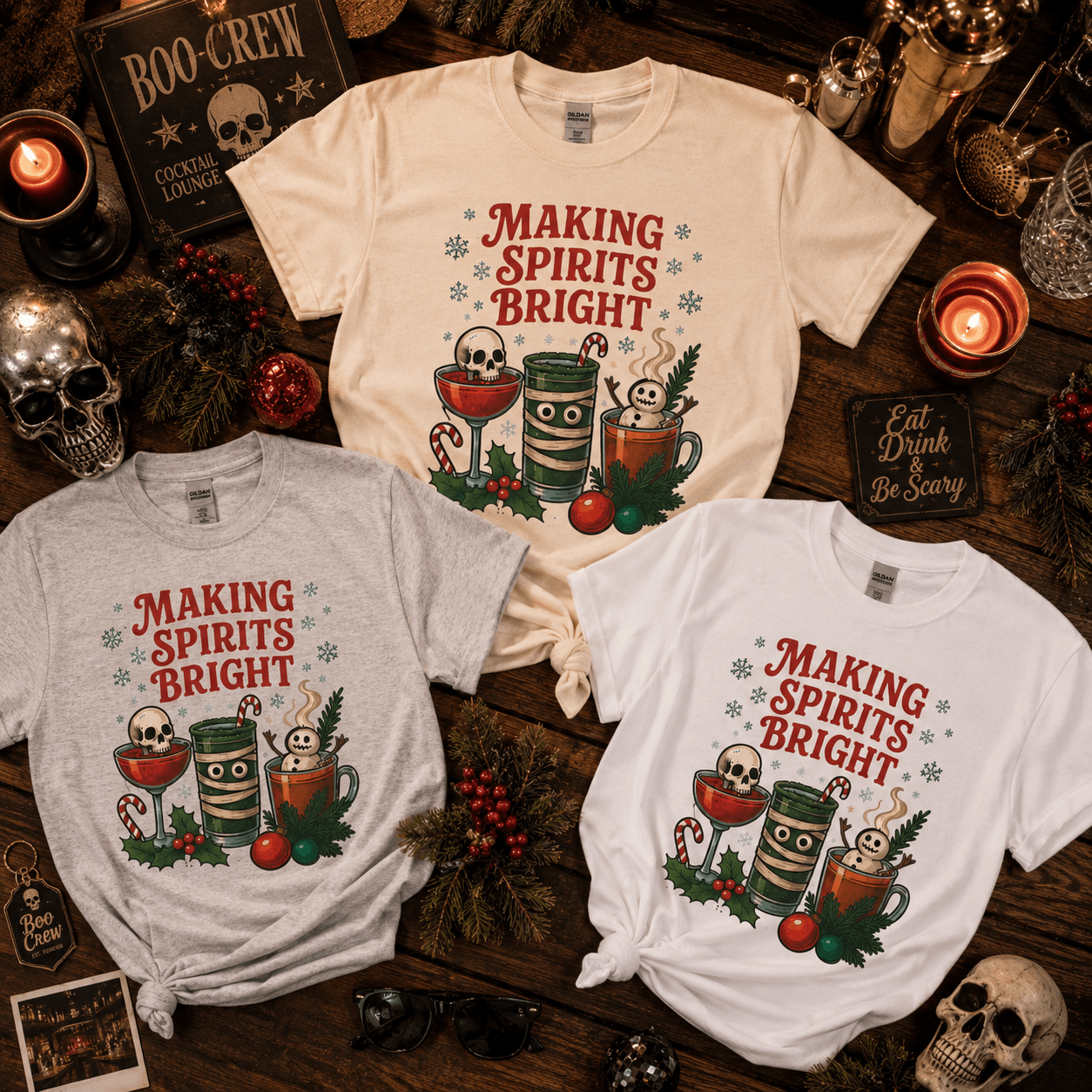 Making Spirits Bright T-Shirt — Festive Holiday Cocktail Graphic Tee - Boo Crew Boutique