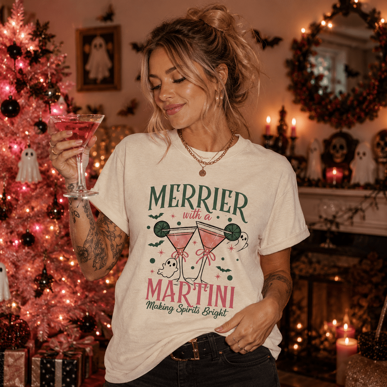Merrier With a Martini T-Shirt | Spooky Christmas Cocktail Tee - Boo Crew Boutique