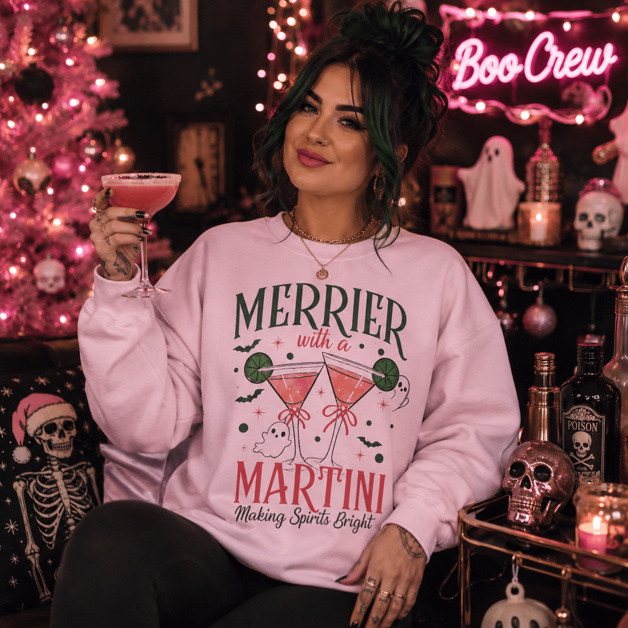 Merrier With a Martini Sweatshirt | Spooky Christmas Cocktail Sweatshirt - Boo Crew Boutique
