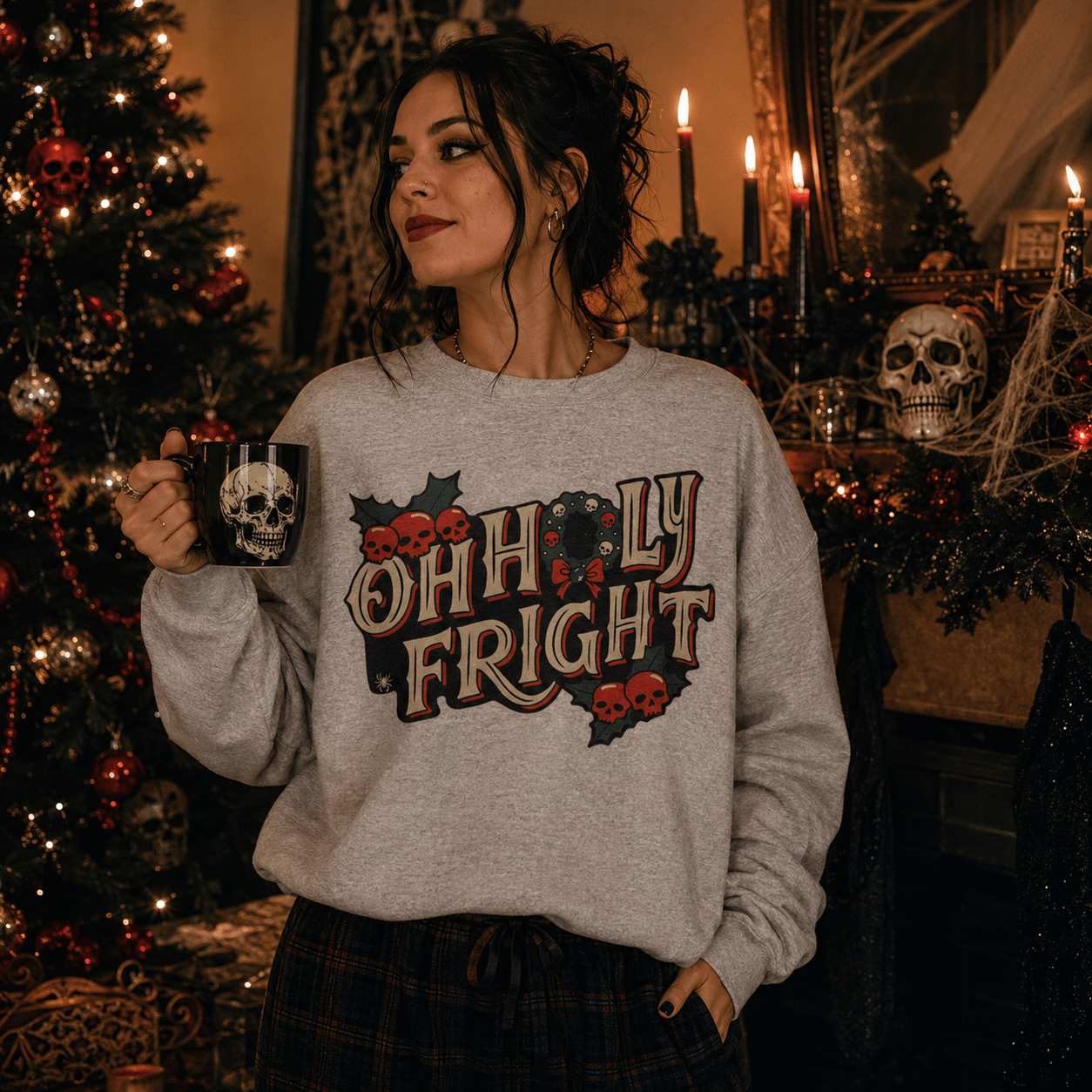 Oh Holy Fright Crewneck Sweatshirt — Merry Creepmas Spooky Christmas Graphic - Boo Crew Boutique
