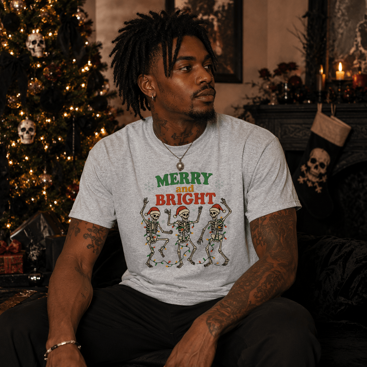Merry and Bright Dancing Skeletons Christmas T-Shirt - Boo Crew Boutique