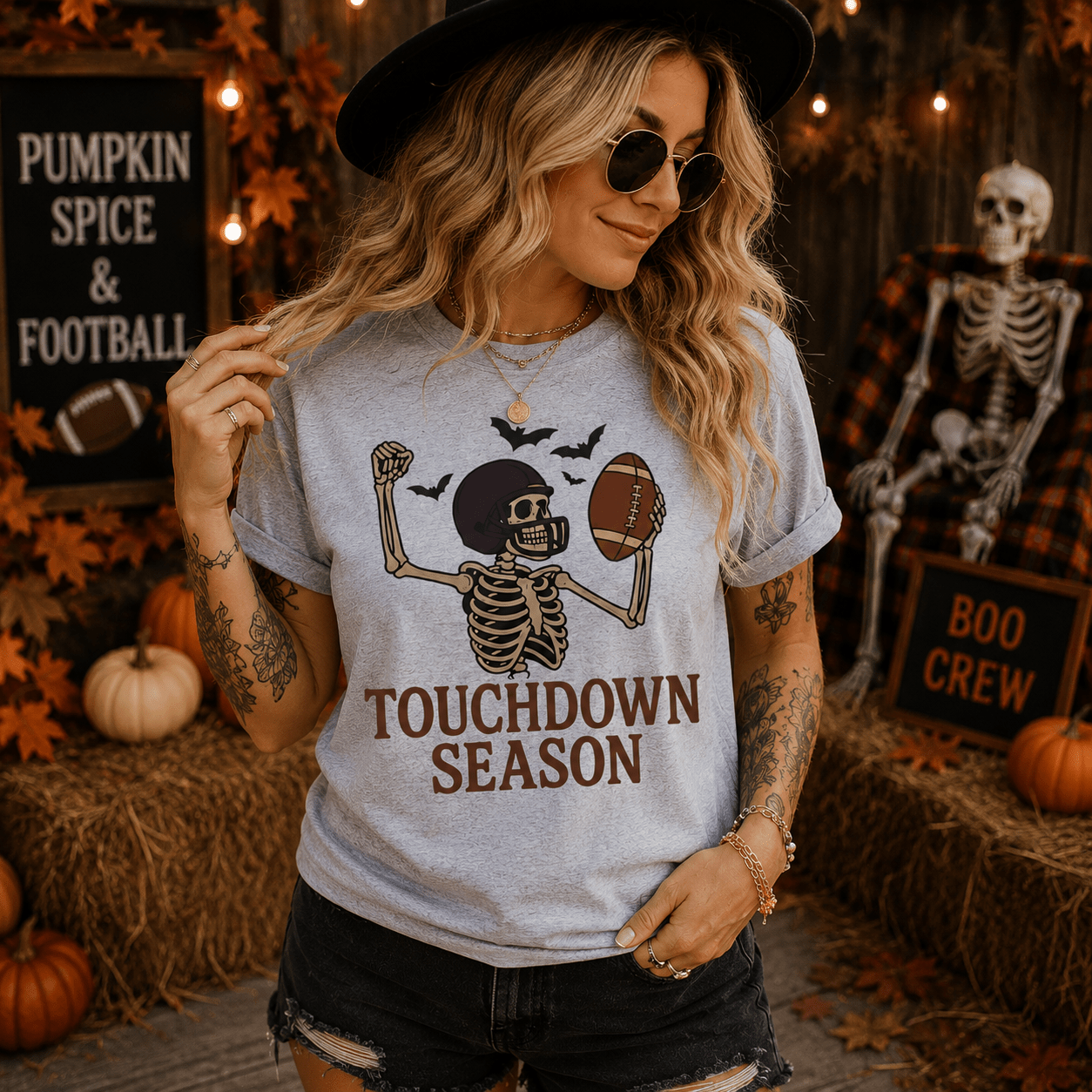 Touchdown Season Football T‑Shirt — Skeleton Player Halloween Game Day Tee - Boo Crew Boutique