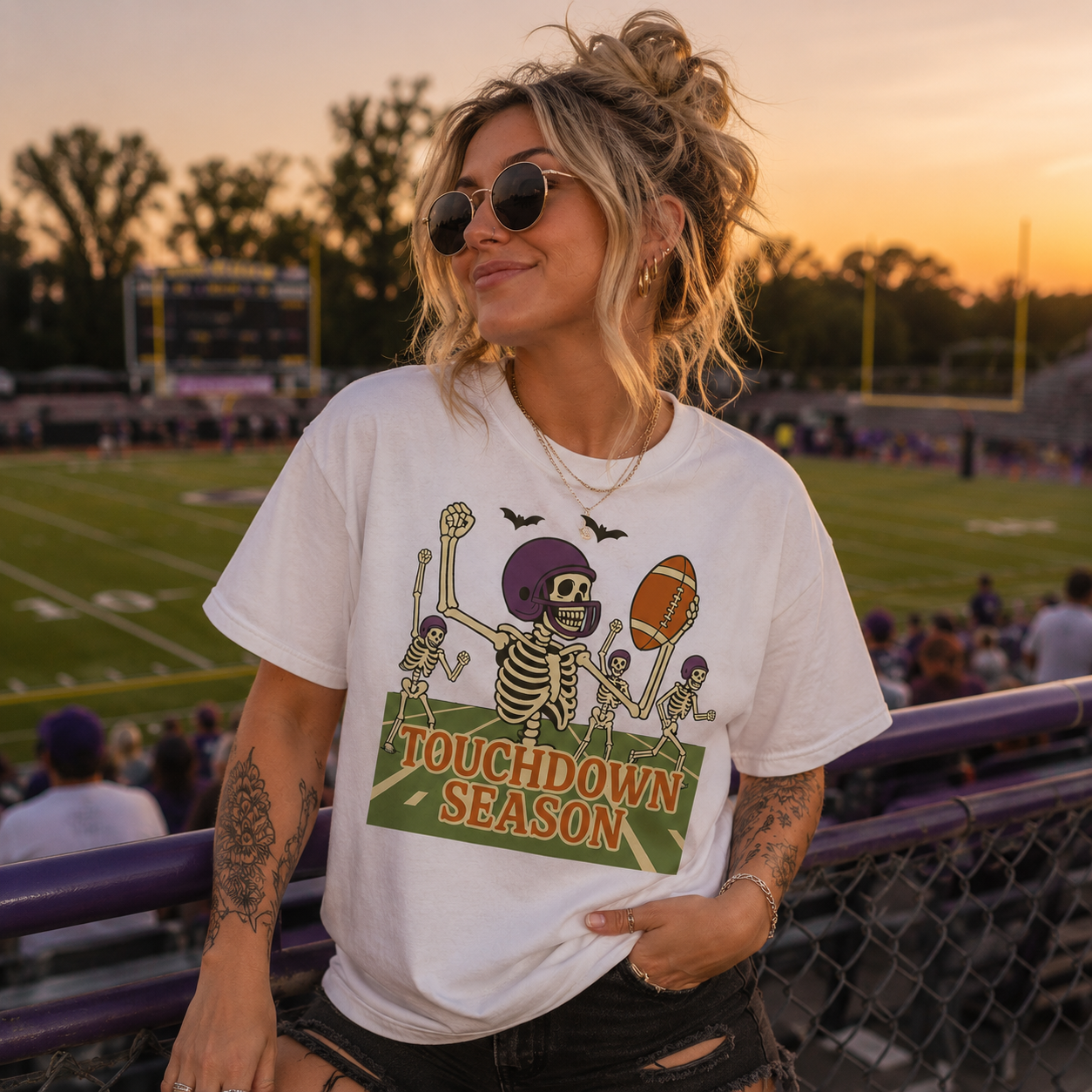 Skeleton Touchdown Season T-Shirt — Halloween Football Graphic Tee