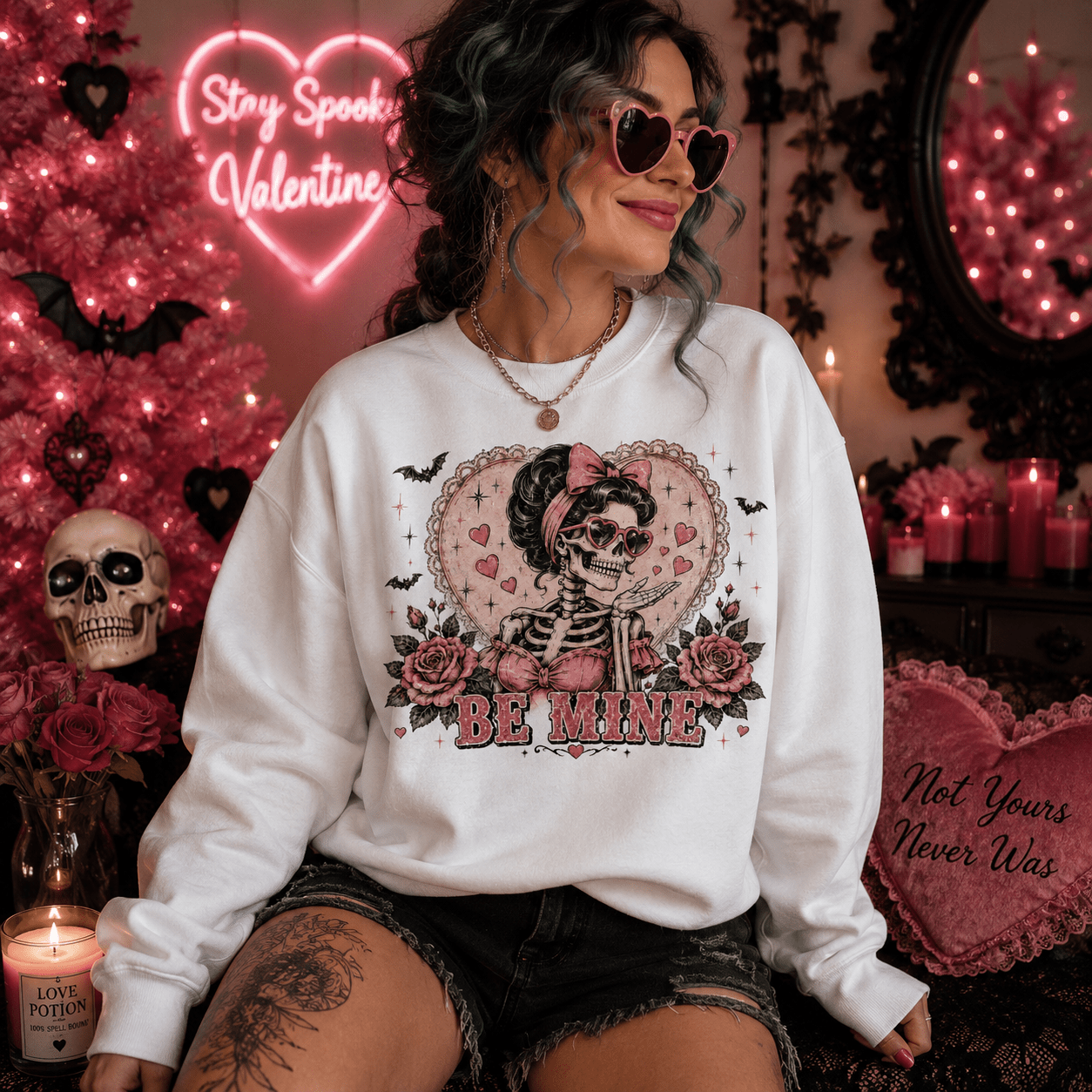 Valentine Skull 'Be Mine' Crewneck Sweatshirt - Boo Crew Boutique