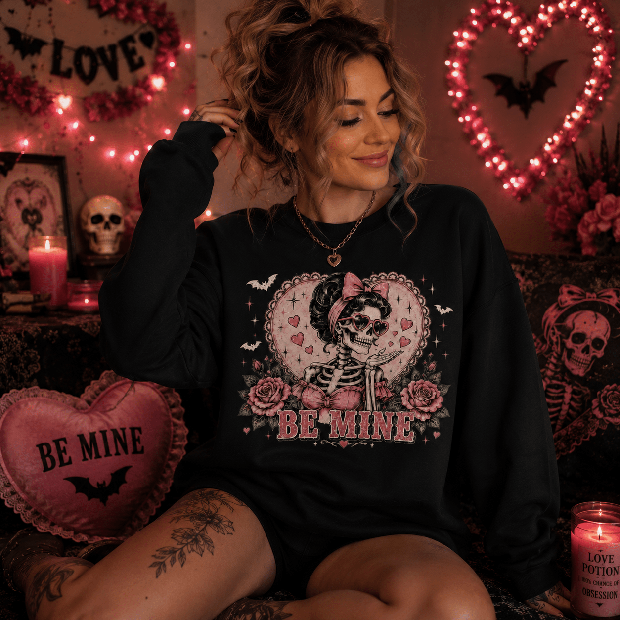 Valentine Skull 'Be Mine' Crewneck Sweatshirt - Boo Crew Boutique