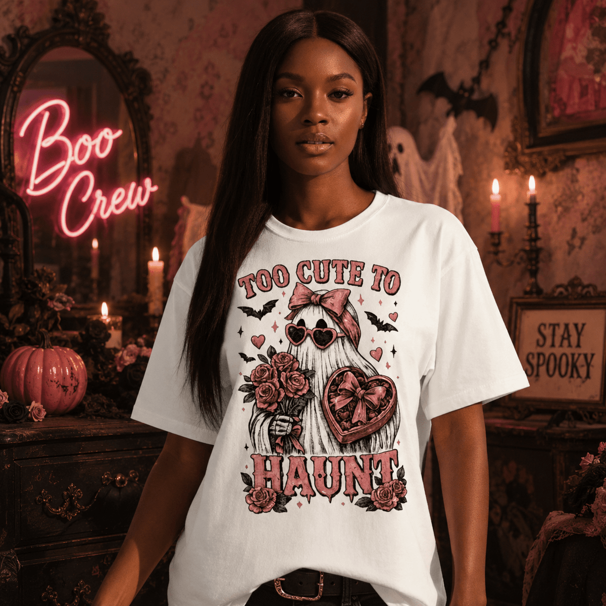 "Too Cute to Haunt" Halloween Ghost with Roses - Boo Crew Boutique