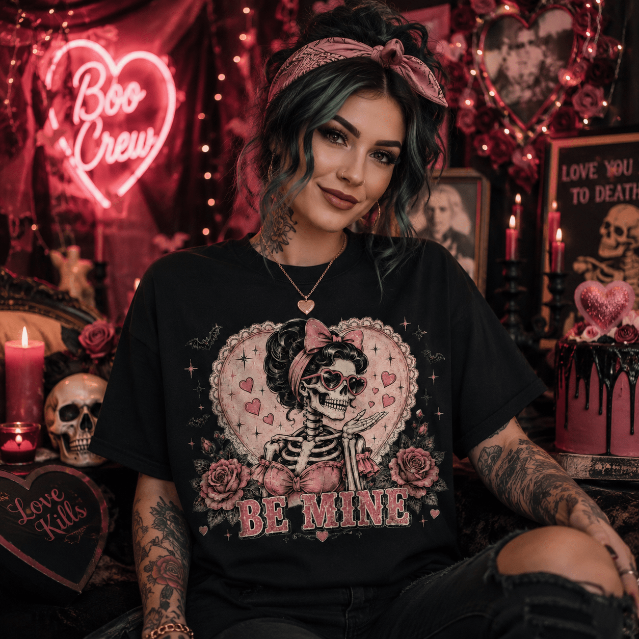 Valentine Skeleton Tee — "Be Mine" Retro Heart Skull T-Shirt - Boo Crew Boutique