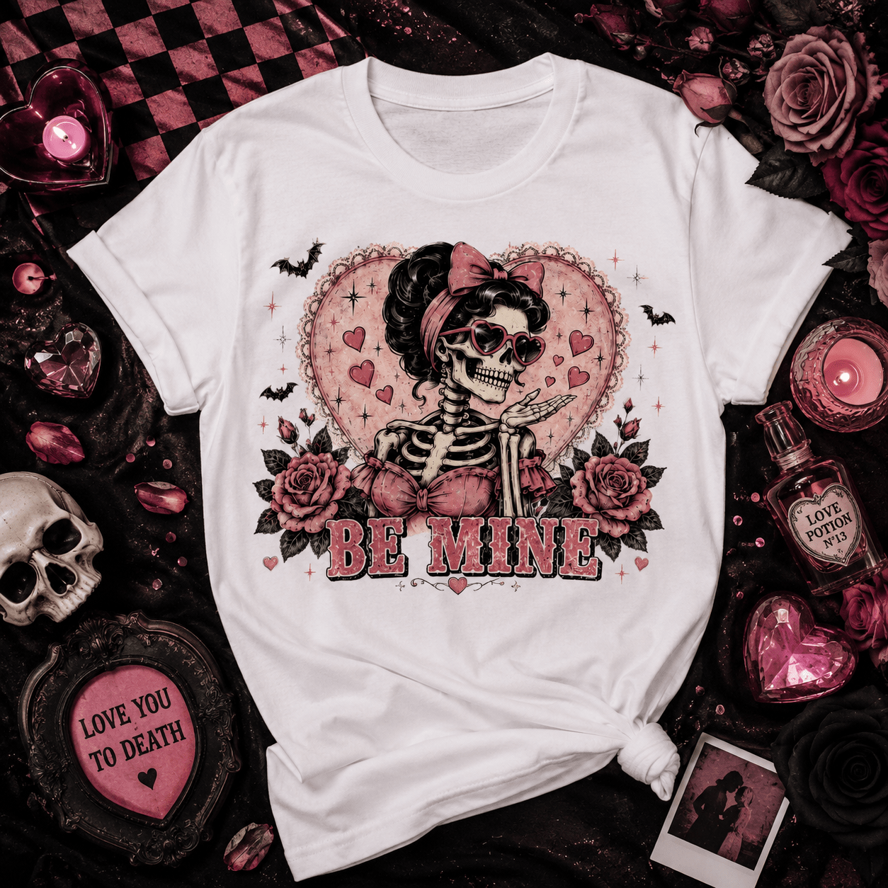 Valentine Skeleton Tee — "Be Mine" Retro Heart Skull T-Shirt - Boo Crew Boutique