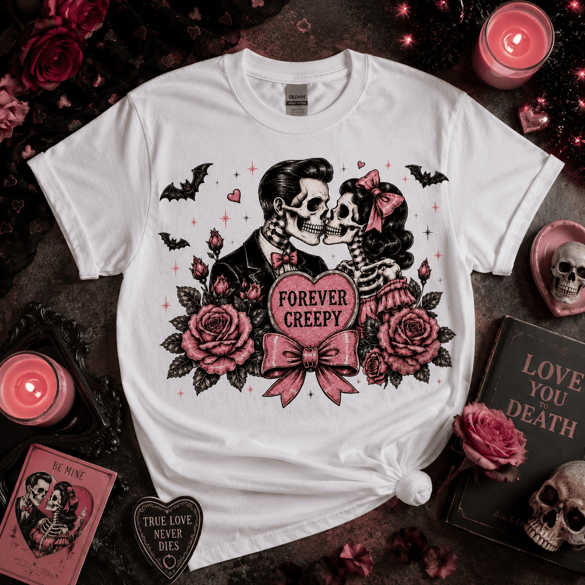 Forever Creepy Skull Couple T-Shirt — Gothic Romantic Halloween Tee - Boo Crew Boutique