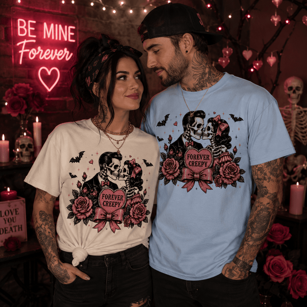 Forever Creepy Skull Couple T-Shirt — Gothic Romantic Halloween Tee - Boo Crew Boutique