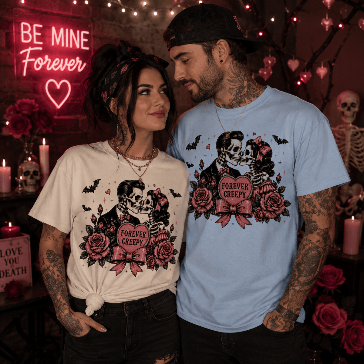 Forever Creepy Skull Couple T-Shirt — Gothic Romantic Halloween Tee - Boo Crew Boutique