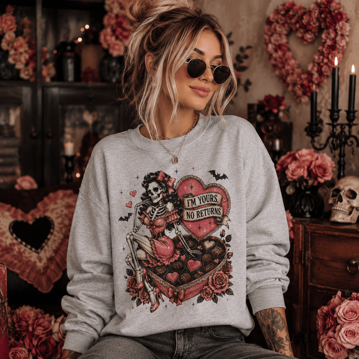 "I'm Yours, No Returns" Valentine Skull Sweatshirt - Boo Crew Boutique