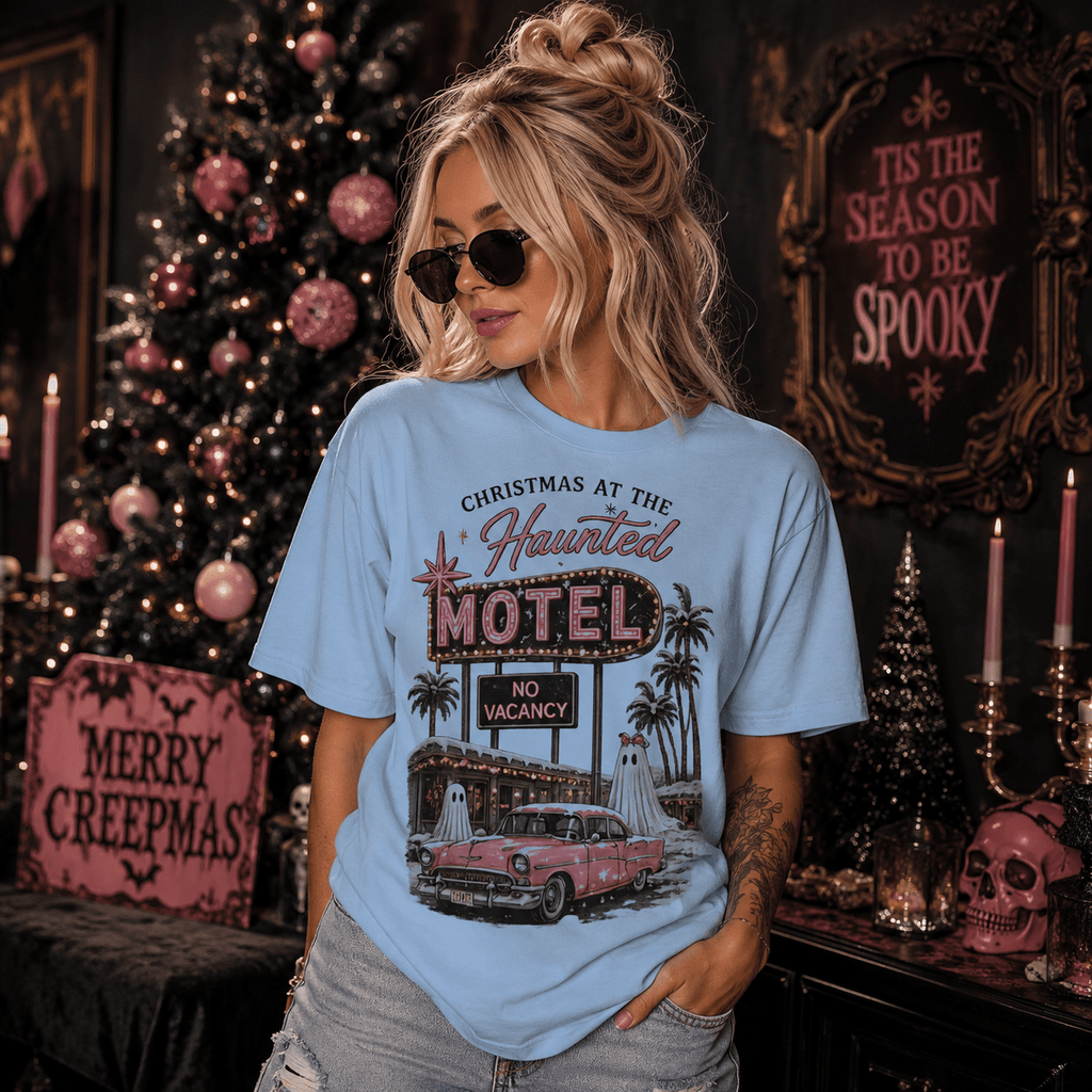 Christmas at the Haunted Motel T-Shirt — Vintage Neon Holiday Tee - Boo Crew Boutique