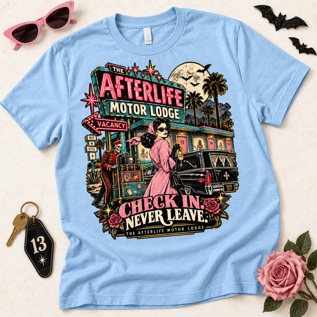 Afterlife Motor Lodge T-Shirt — 'Check In Never Leave' Retro Neon Horror Tee