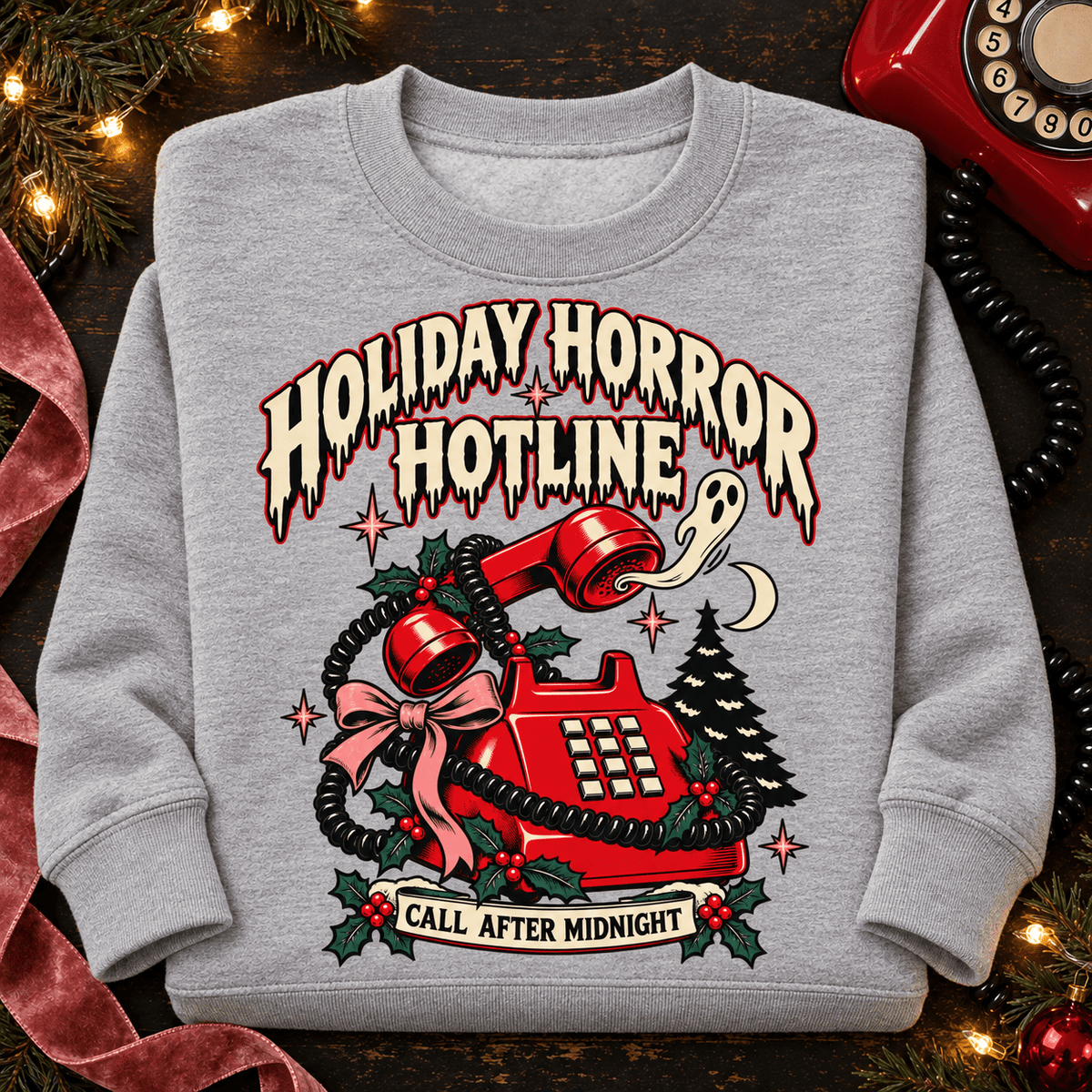 Holiday Horror Hotline Sweatshirt — Call After Midnight Retro Christmas Crewneck