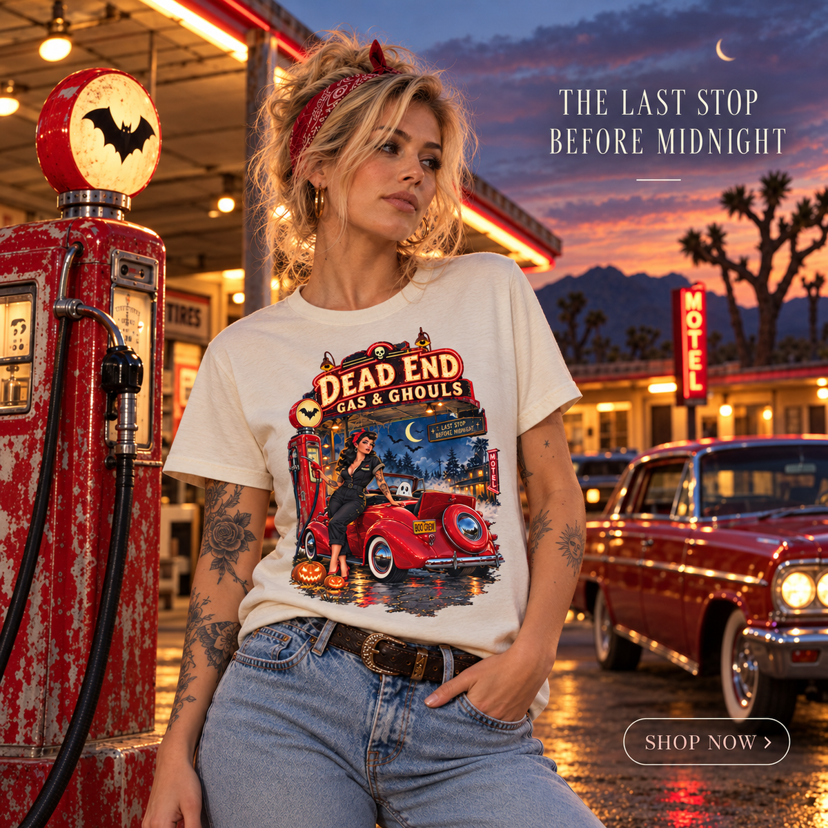 Dead End Gas & Ghouls Vintage Car Halloween T-Shirt - Boo Crew Boutique