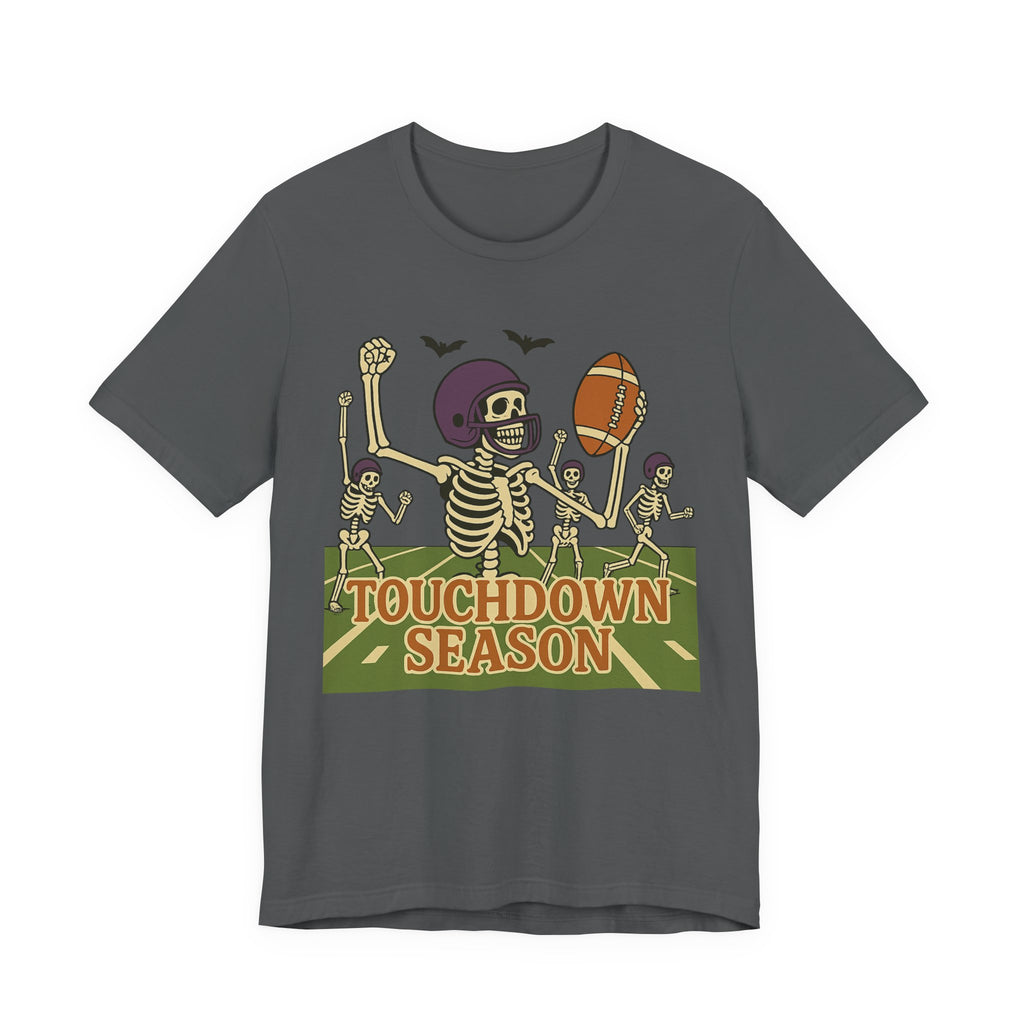 Skeleton Touchdown Season Tee, Unisex Skeleton Football T-Shirt, Funny Sports Shirt, Fall Celebration Apparel, Halloween Party Wear - Boo Crew Boutique