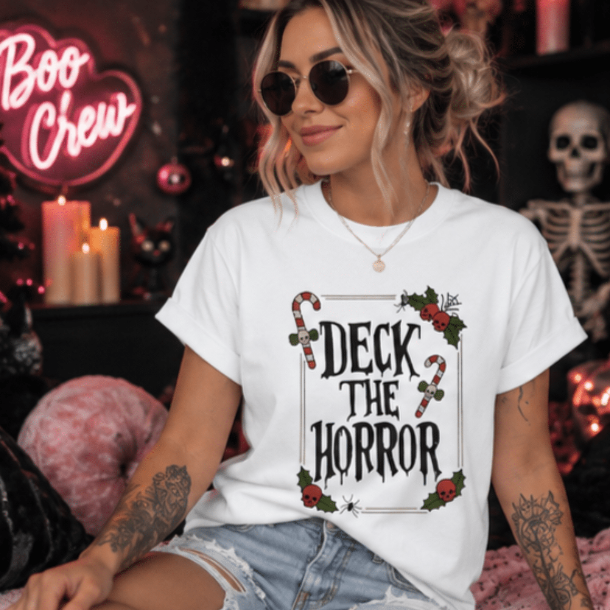 Christmas Horror T-Shirt — “Deck the Horror” Skull Graphic Tee - Boo Crew Boutique