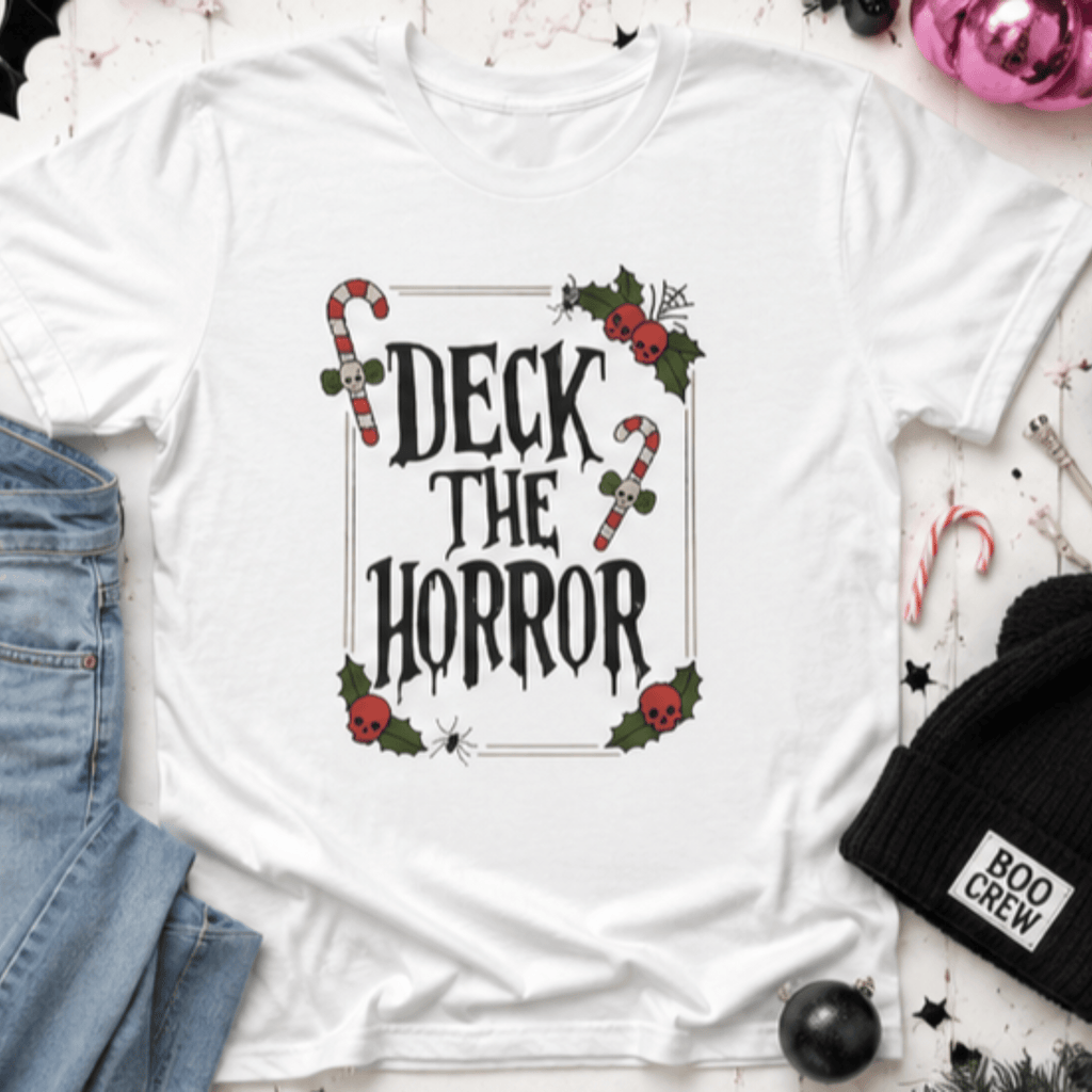 Christmas Horror T-Shirt — “Deck the Horror” Skull Graphic Tee - Boo Crew Boutique