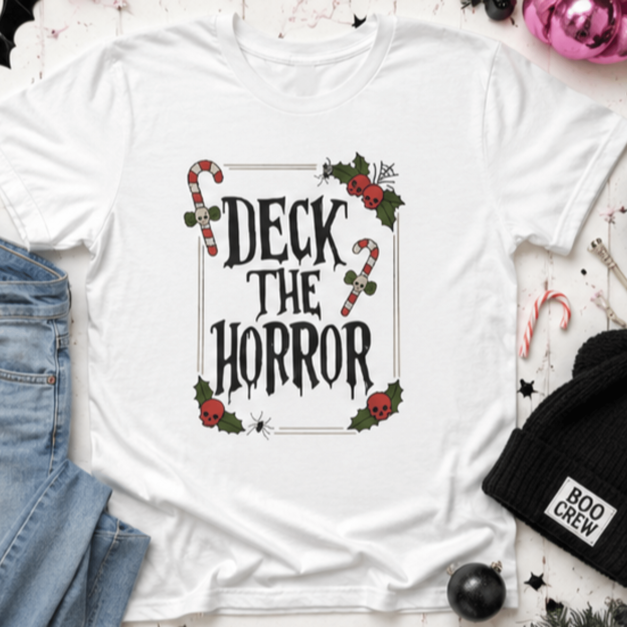 Christmas Horror T-Shirt — “Deck the Horror” Skull Graphic Tee - Boo Crew Boutique