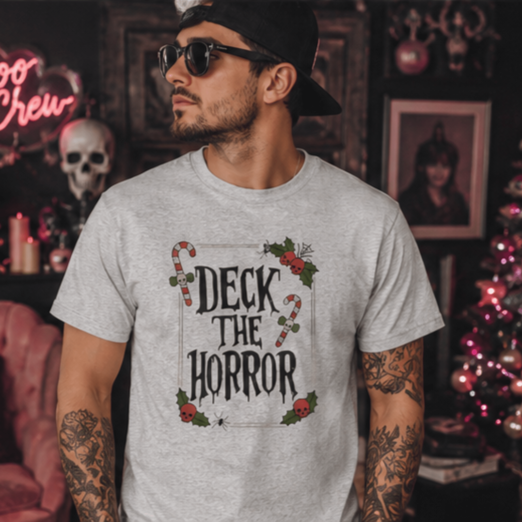 Christmas Horror T-Shirt — “Deck the Horror” Skull Graphic Tee - Boo Crew Boutique