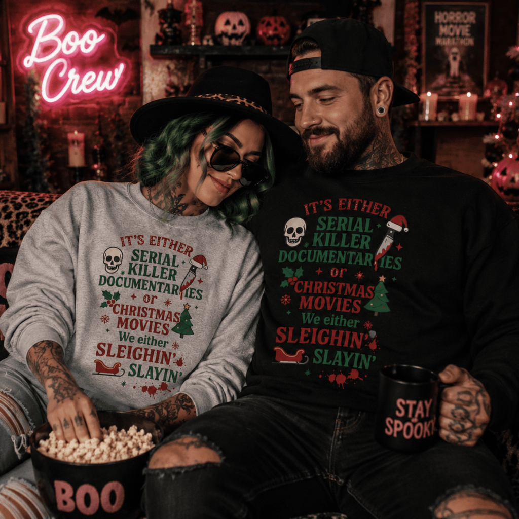 Christmas True Crime Sweatshirt — "It’s Either Serial Killer Documentaries or Christmas Movies" Holiday Crewneck - Boo Crew Boutique