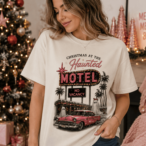 Christmas at the Haunted Motel T-Shirt — Vintage Neon Holiday Tee - Boo Crew Boutique