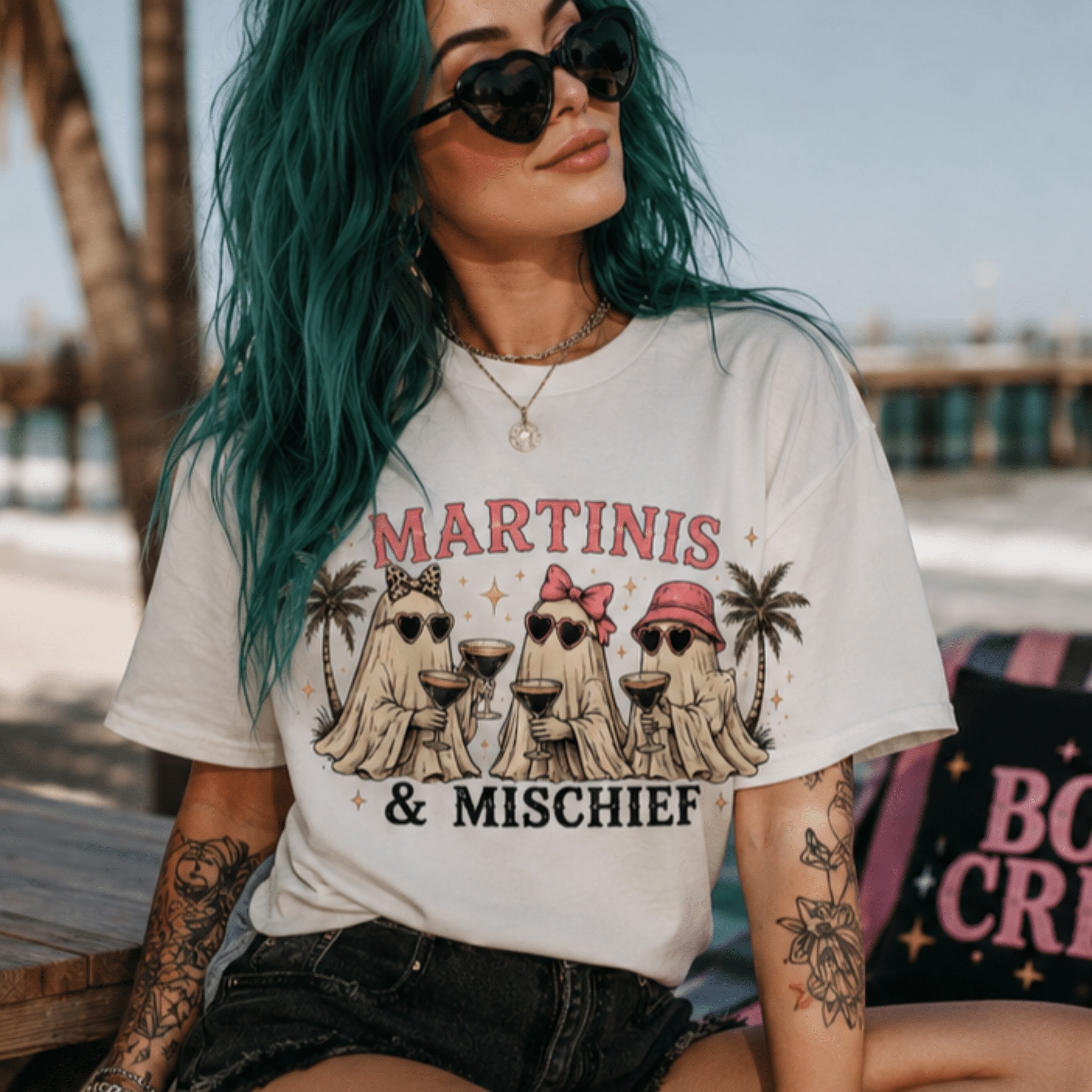 Martinis & Mischief T-Shirt — Ghost Cocktail Graphic Tee - Boo Crew Boutique