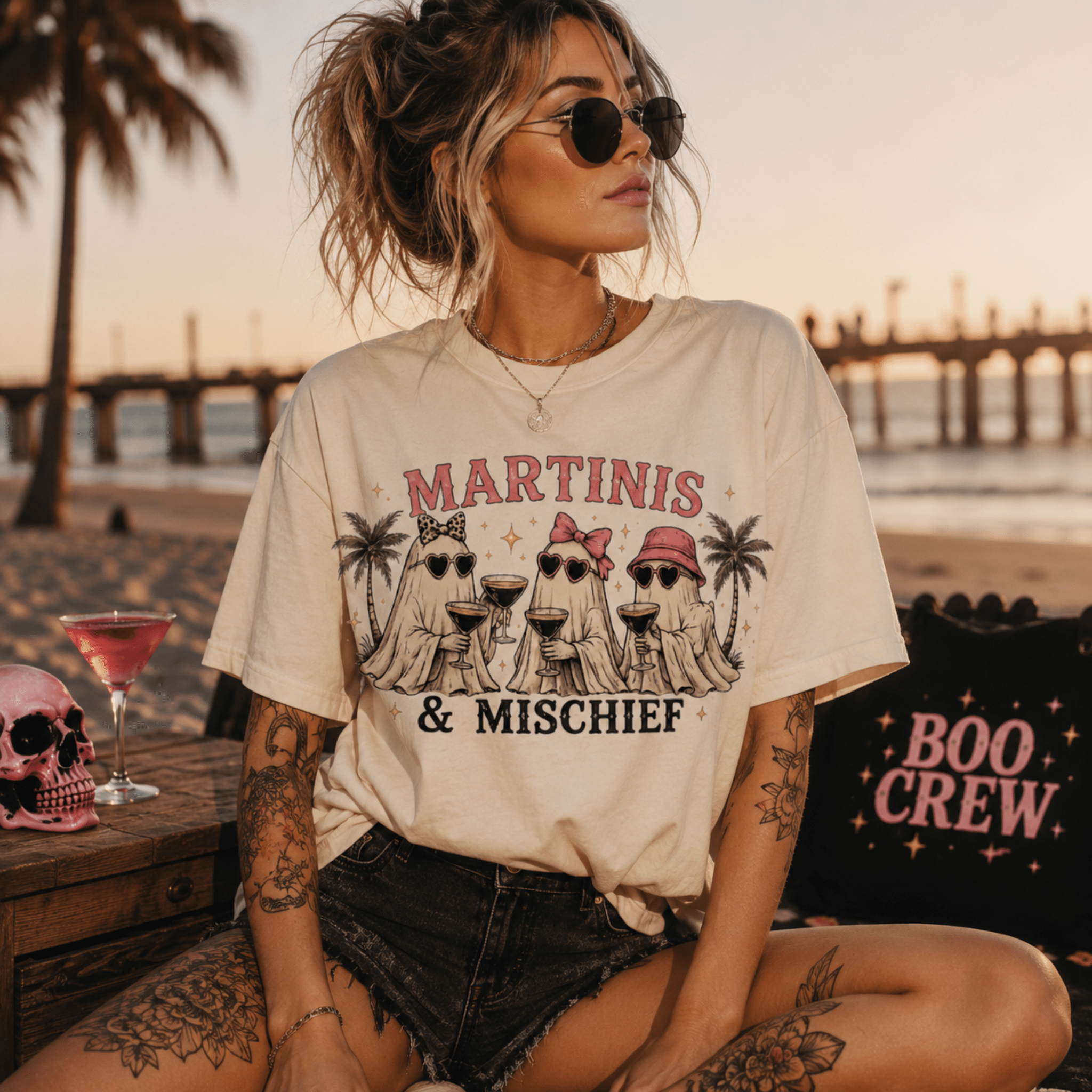 Martinis & Mischief T-Shirt — Ghost Cocktail Graphic Tee - Boo Crew Boutique