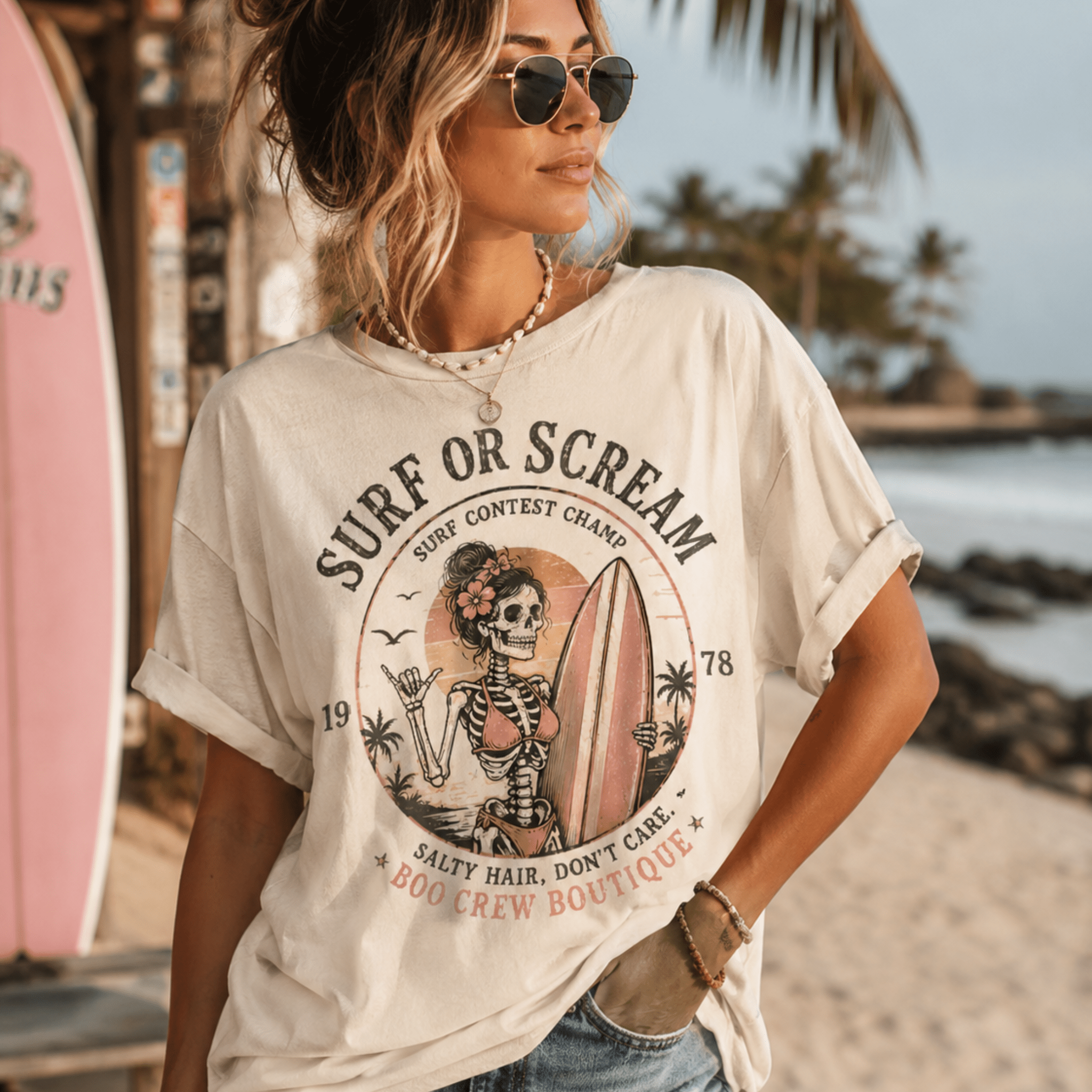 Surf or Scream T-Shirt — Vintage Skeleton Surfing Graphic Tee - Boo Crew Boutique