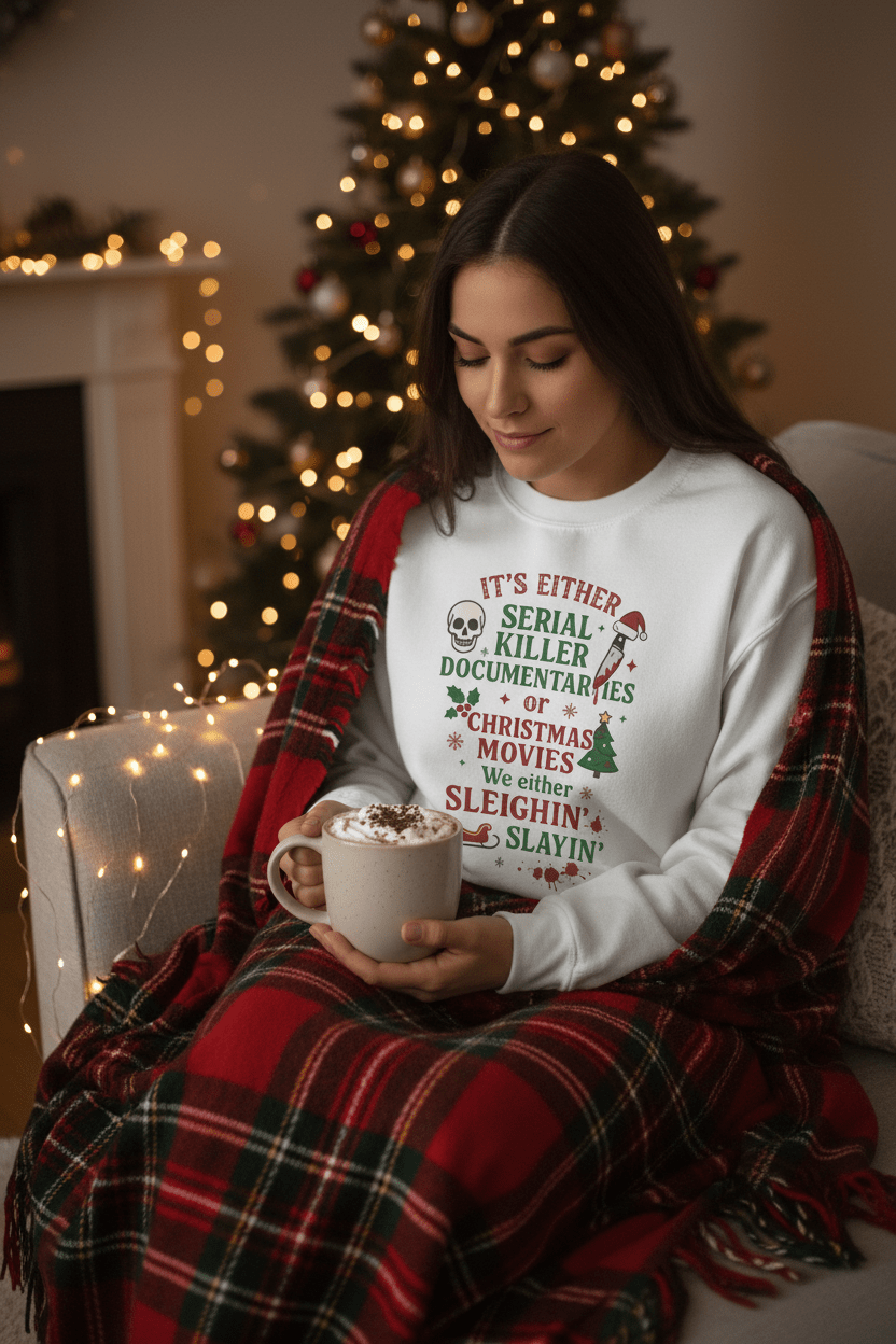Christmas True Crime Sweatshirt — "It’s Either Serial Killer Documentaries or Christmas Movies" Holiday Crewneck - Boo Crew Boutique